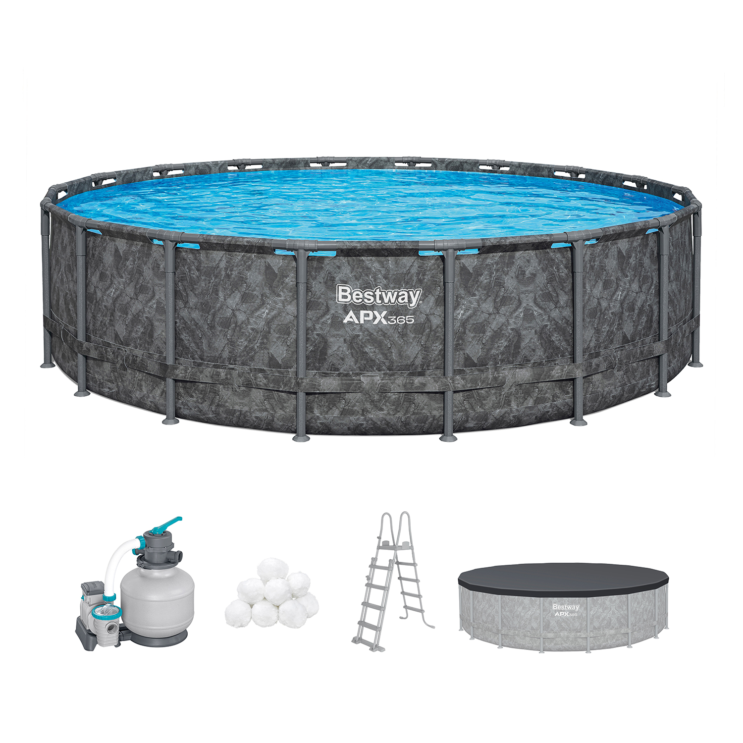 APX365™ Winterfestes Frame Pool Komplett Set mit Sandfilteranlage Ø 549 x 132 cm, Marmor-Optik (Dunkel), rund APX365™ Winterfestes Frame Pool Komplett Set mit Sandfilteranlage Ø 549 x 132 cm, Marmor-Optik (Dunkel), rund