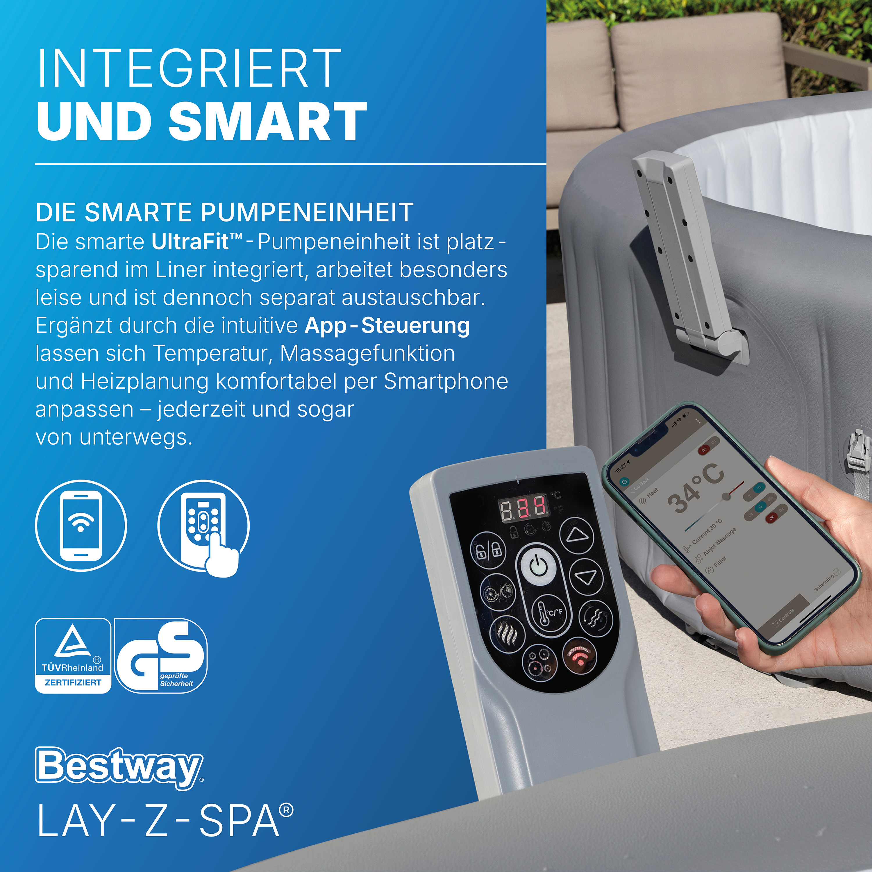 LAY-Z-SPA® Energiespar Whirlpool Hawaii AirJet™ mit App Steuerung, für 8 Personen Ø 236 x 71 cm, Silbergrau