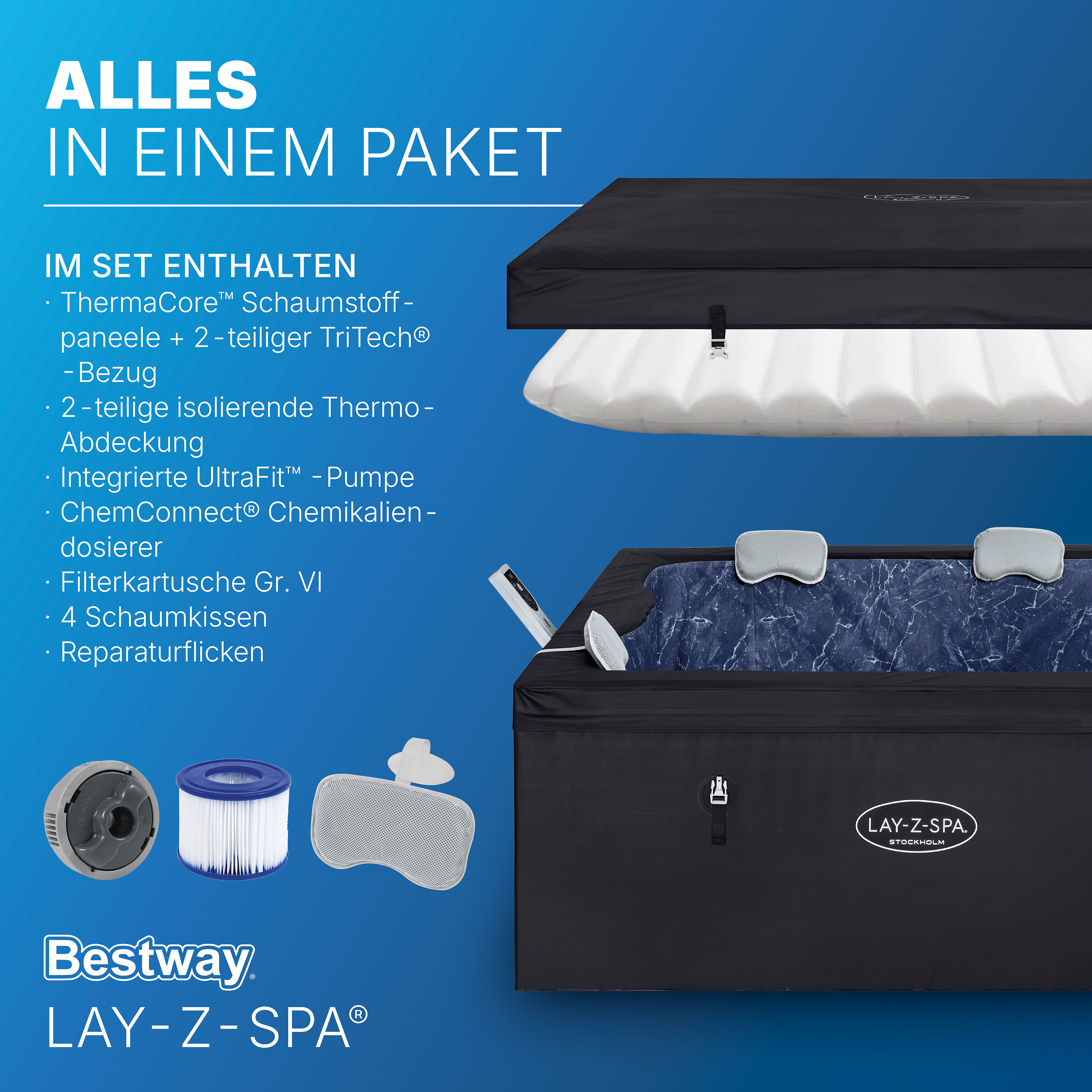 LAY-Z-SPA® ThermaCore™ WLAN-Whirlpool Stockholm AirJet™ mit App-Steuerung, für 6 Personen, 164 x 164 x 65 cm, eckig