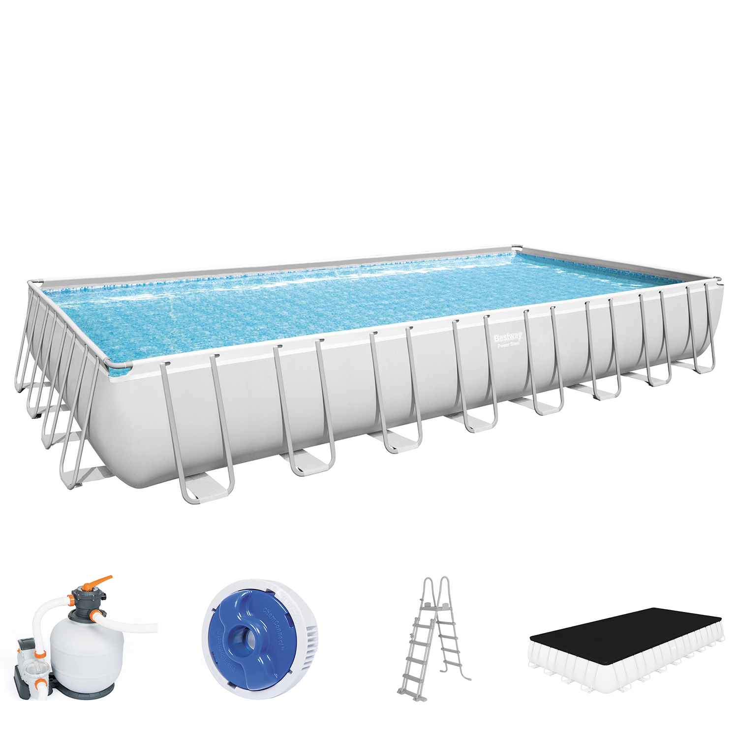 Power Steel™ Frame Pool Komplett Set mit Sandfilteranlage 956 x 488 x 132 cm, lichtgrau, eckig