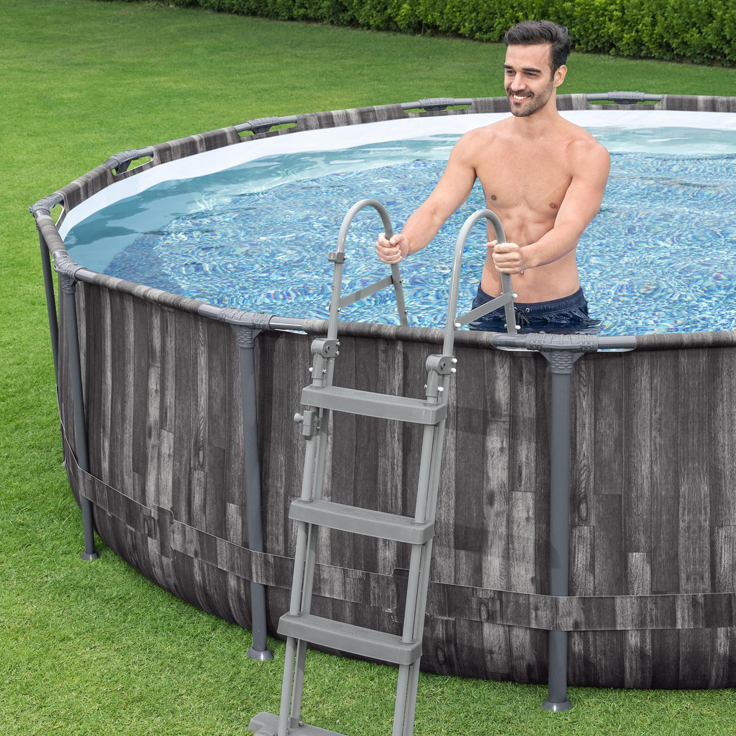 Steel Pro MAX™ Frame Pool Set mit Filterpumpe Ø 366 x 100 cm, Holz-Optik (Mooreiche), rund