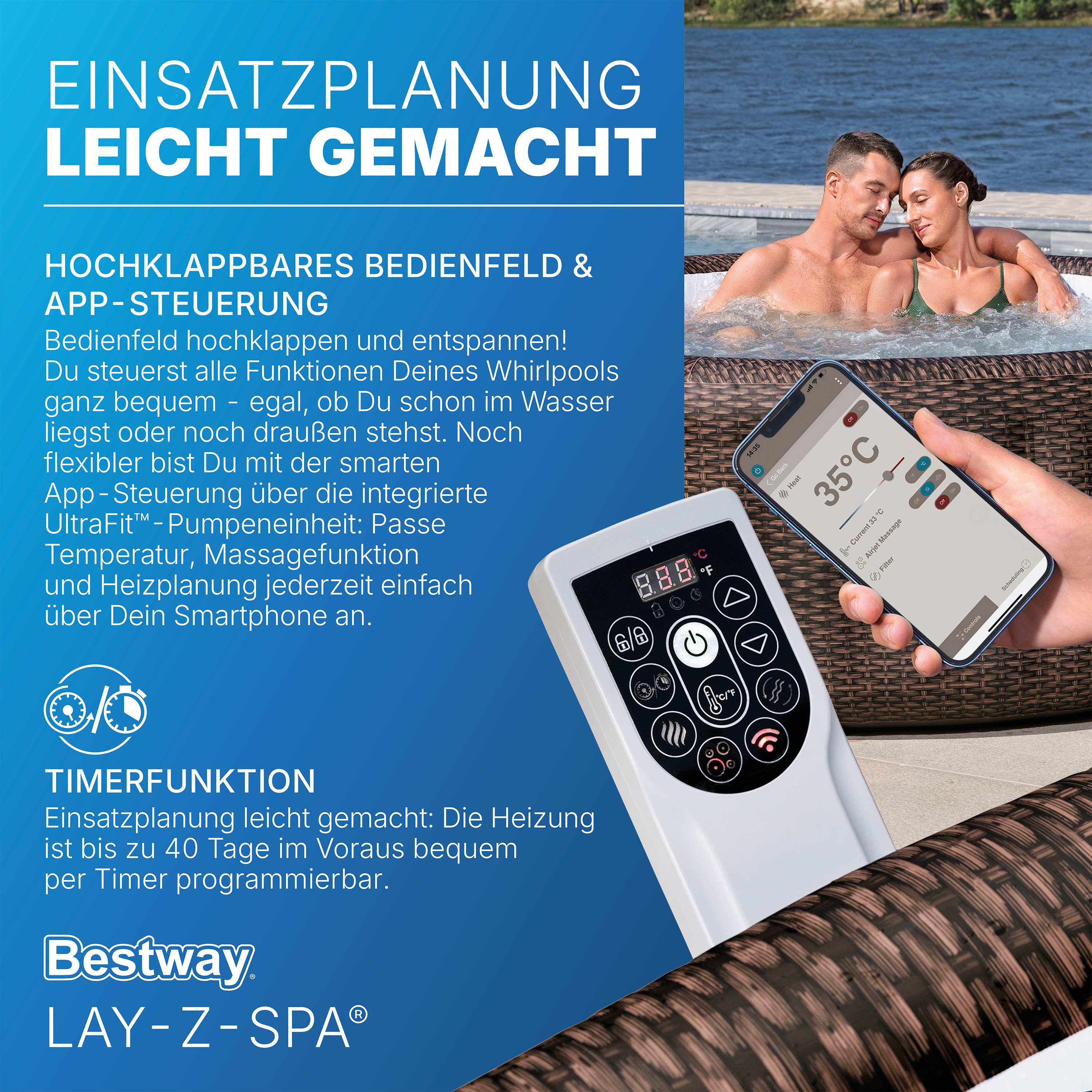 LAY-Z-SPA® WLAN-Whirlpool Bali AirJet™ mit App-Steuerung, für 7 Personen, Ø 216 x 71 cm, Rattan-Optik (Schokobraun)