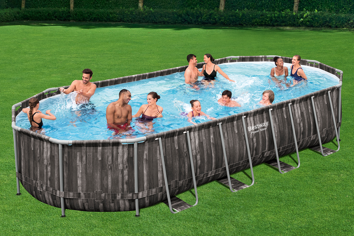 Power Steel™ Frame Pool Komplett-Set mit Filterpumpe 732 x 366 x 122 cm , Holz-Optik (Mooreiche), oval