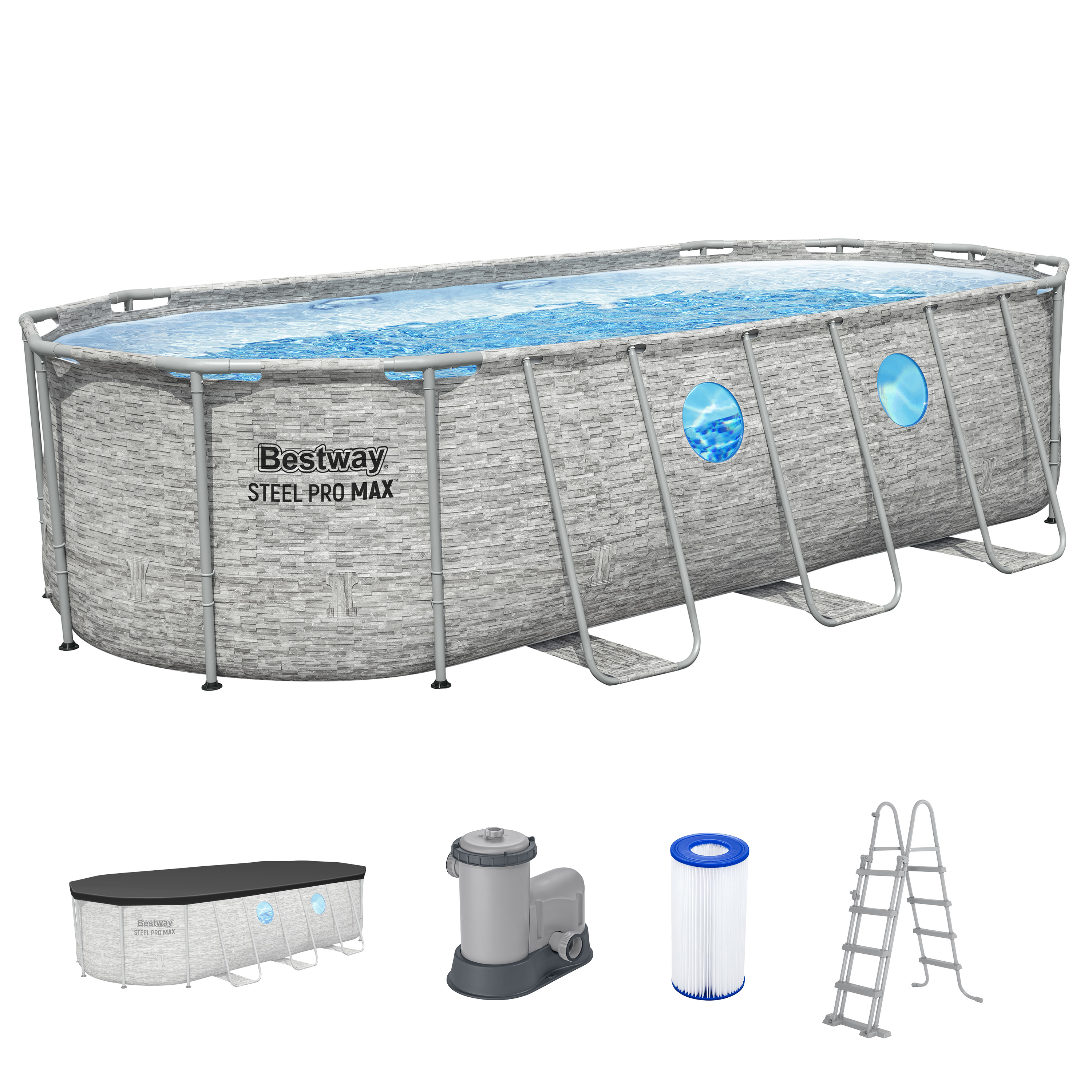 Steel Pro MAX™ Splashview™ Frame Pool Komplett Set mit Filterpumpe 549 x 274 x 122 cm, Steinwand-Optik (Cremegrau), oval