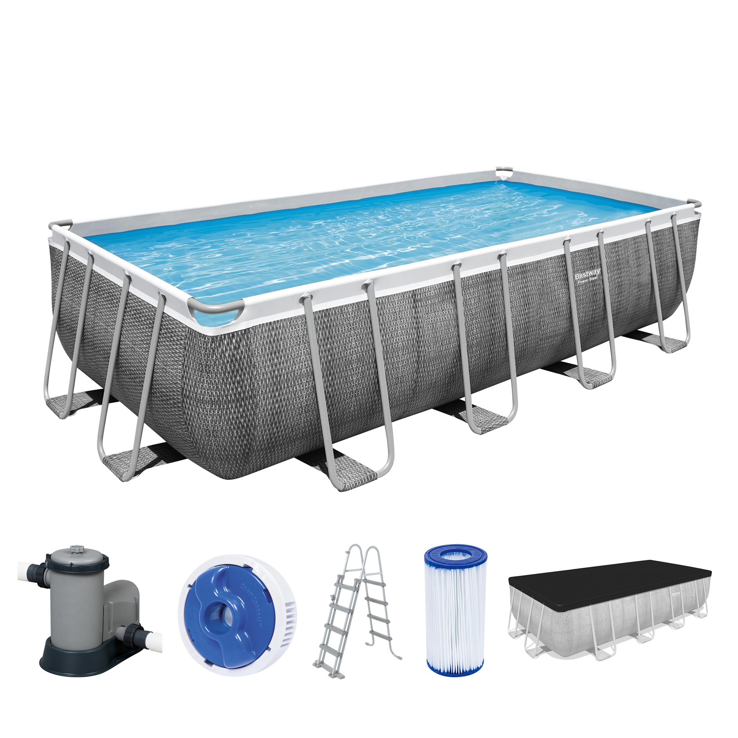 Power Steel™ Frame Pool Komplett-Set mit Filterpumpe 549 x 274 x 122 cm, Rattan-Optik (Schiefergrau), eckig