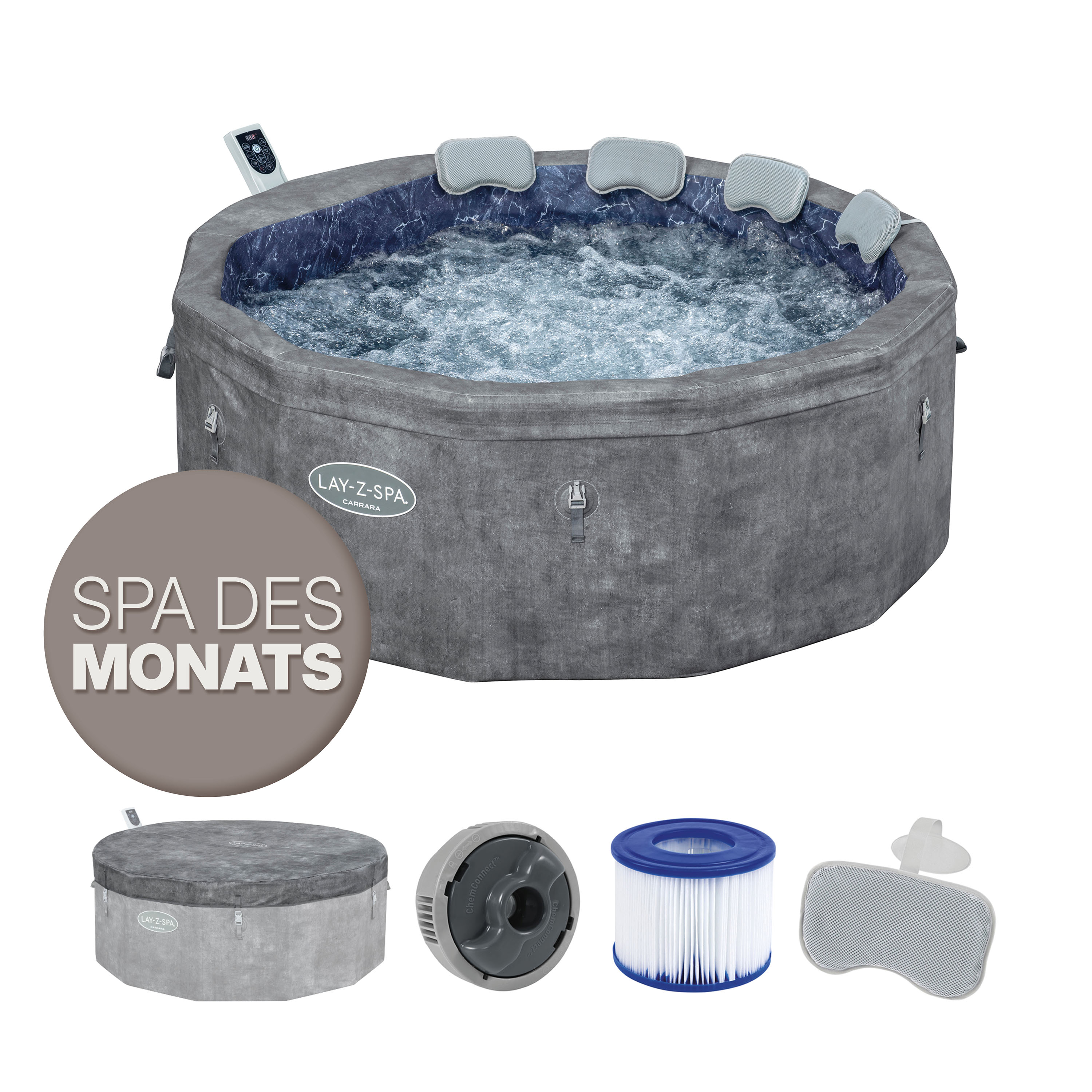 LAY-Z-SPA® Energiespar Whirlpool Carrara AirJet™ mit App-Steuerung, für 6 Personen, Ø 170 x 65 cm, Alabaster-Optik