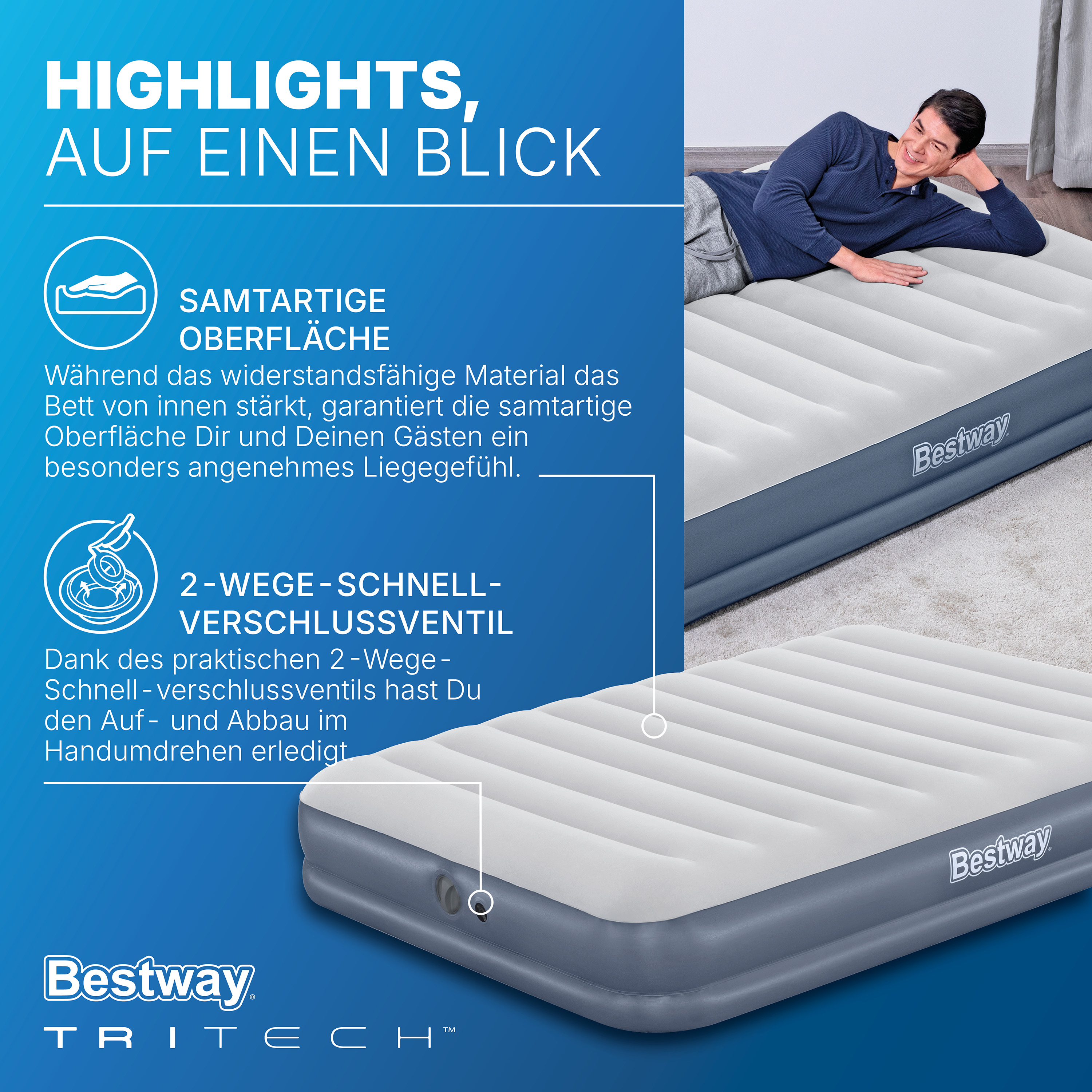 TriTech® Doppelluftbett mit mobiler, akkubetriebener Elektropumpe 203 x 152 x 36 cm