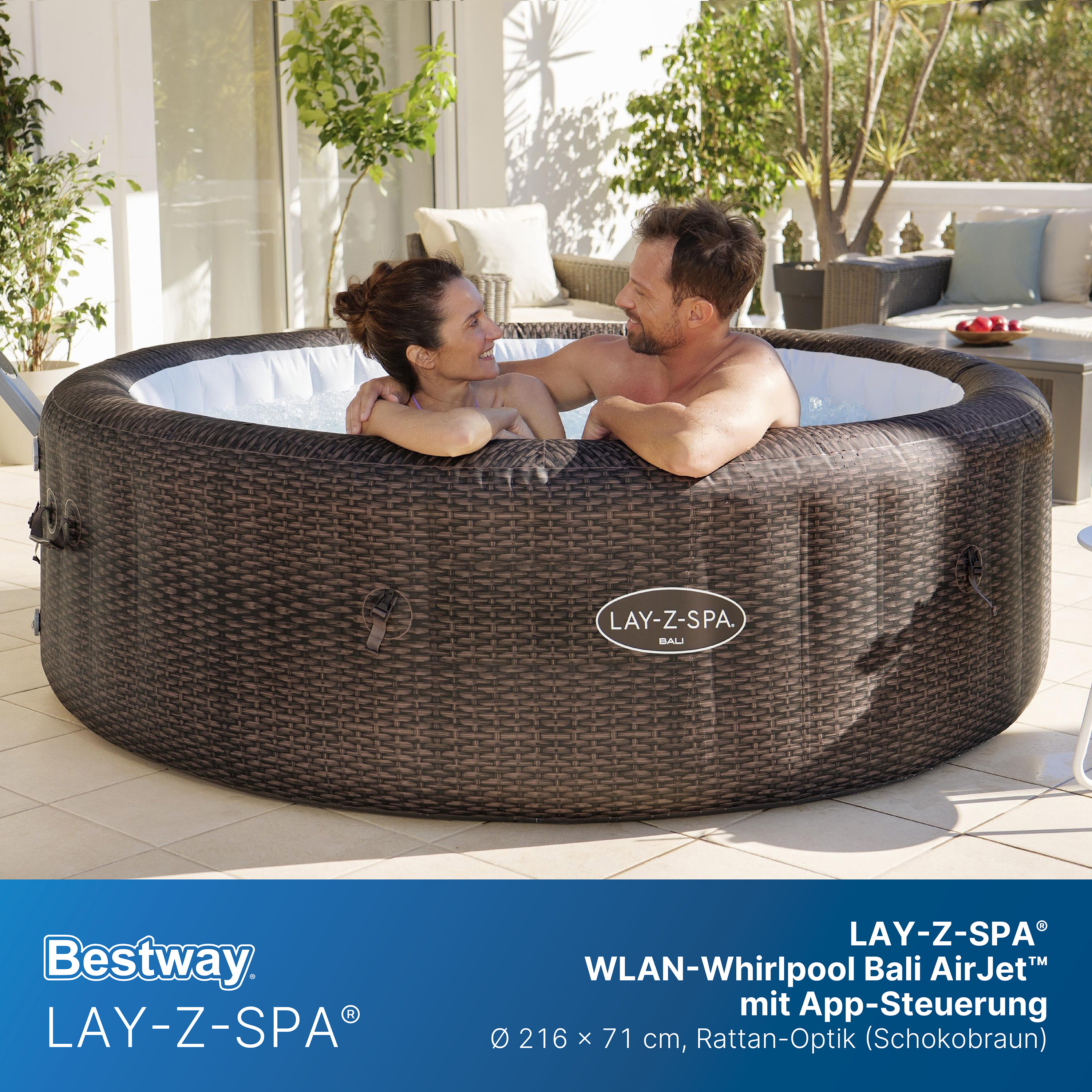 LAY-Z-SPA® Energiespar Whirlpool Bali AirJet™ mit App-Steuerung, für 7 Personen, Ø 216 x 71 cm, Rattan-Optik (Schokobraun)