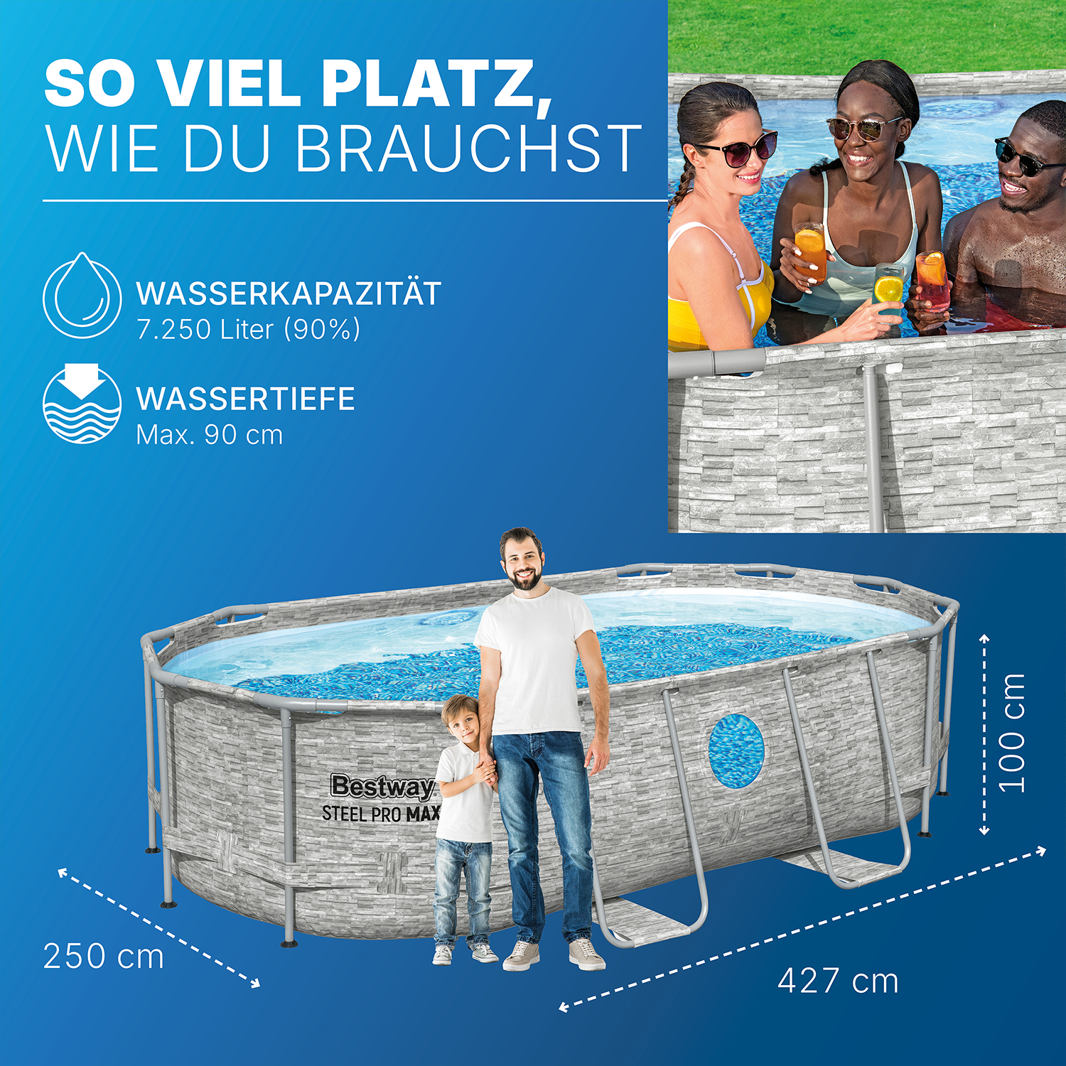Steel Pro MAX™ Splashview™ Frame Pool Komplett Set mit Filterpumpe 427 x 250 x 100 cm, Steinwand-Optik (Cremegrau), oval Steel Pro MAX™ Splashview™ Frame Pool Komplett Set mit Filterpumpe 427 x 250 x 100 cm, Steinwand-Optik (Cremegrau), oval