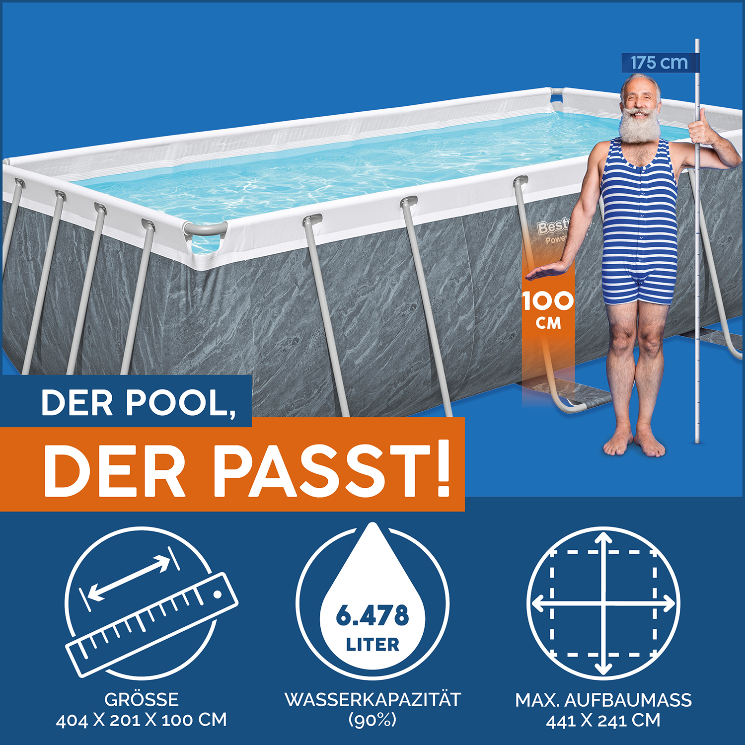 Power Steel™ Solo Pool ohne Zubehör 404 x 201 x 100 cm, Marmor-Optik (Schiefergrau), eckig