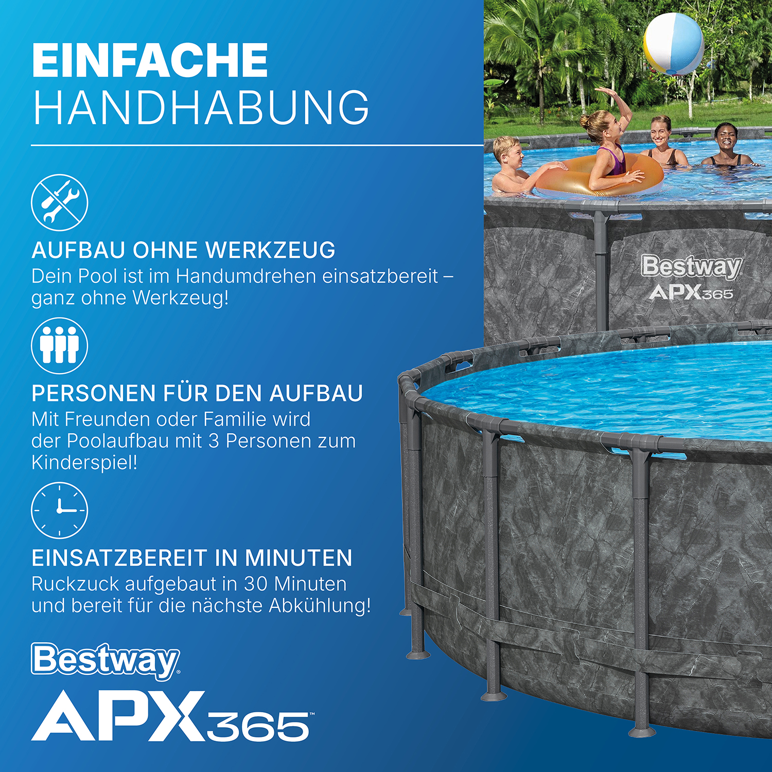 APX365™ Winterfestes Frame Pool Komplett-Set mit Sandfilteranlage Ø 610 x 132 cm, Marmor-Optik (Dunkel), rund