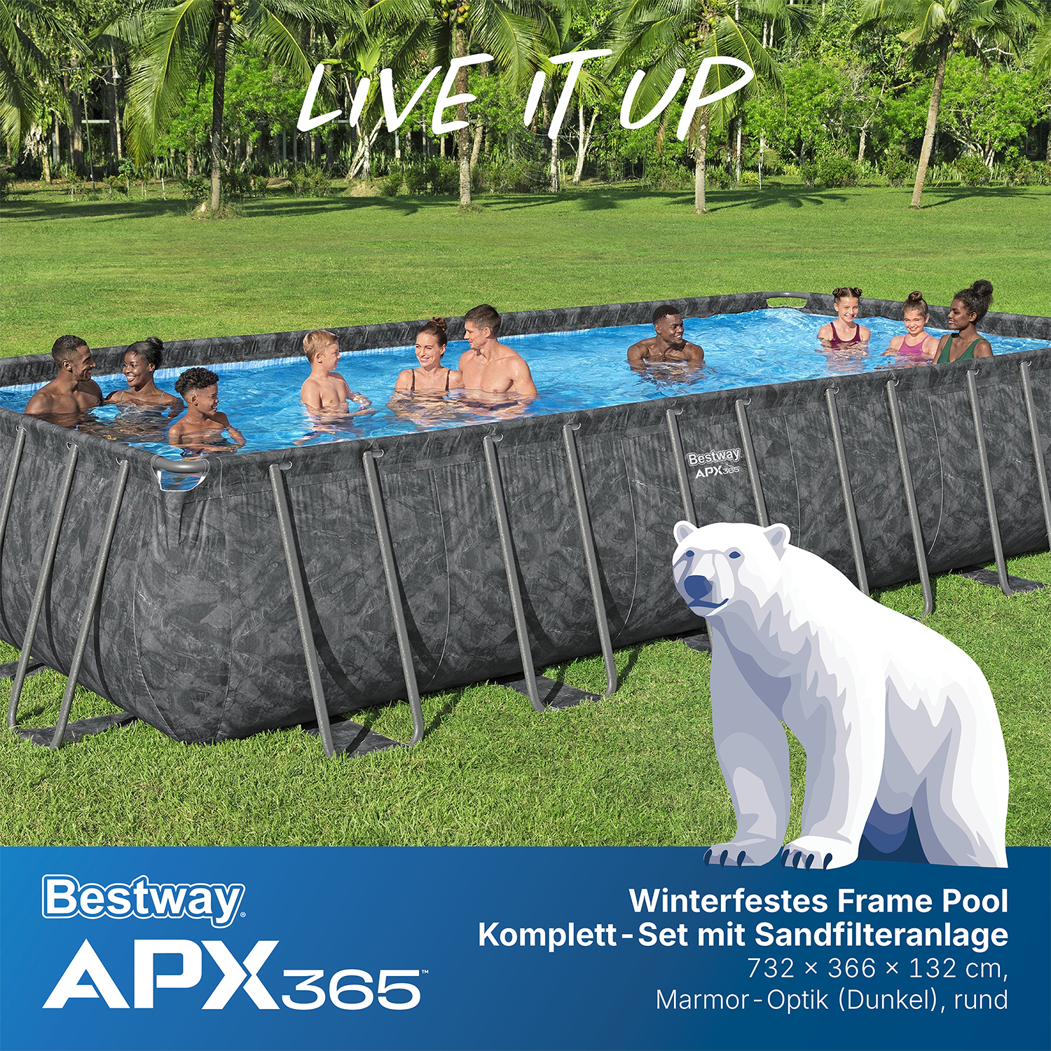 APX365™ Winterfestes Frame Pool Komplett-Set mit Sandfilteranlage 732 x 366 x 132 cm, Marmor-Optik (Dunkel), eckig