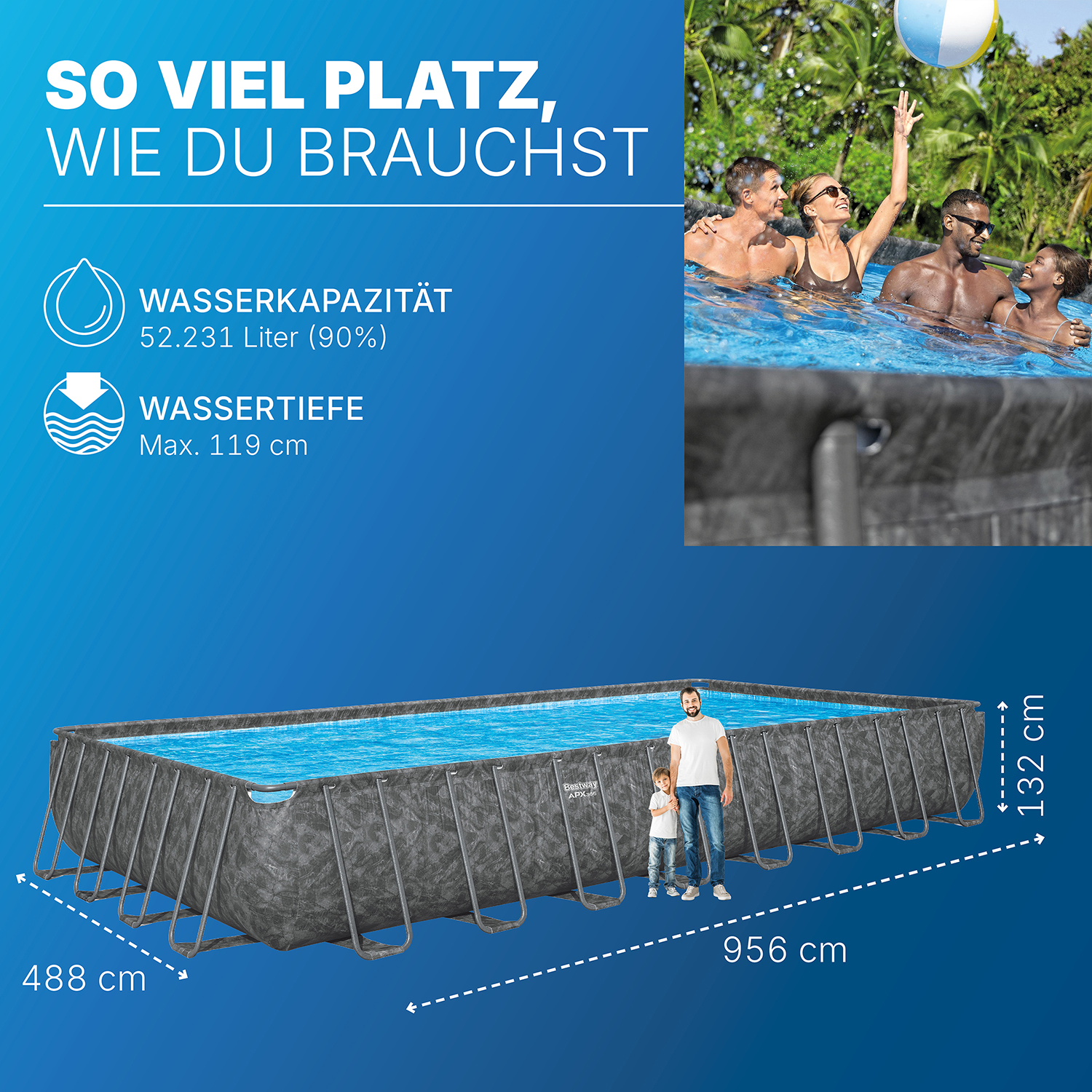 APX365™ Winterfestes Frame Pool Komplett-Set mit Sandfilteranlage 956 x 488 x 132 cm, Marmor-Optik (Dunkel), eckig