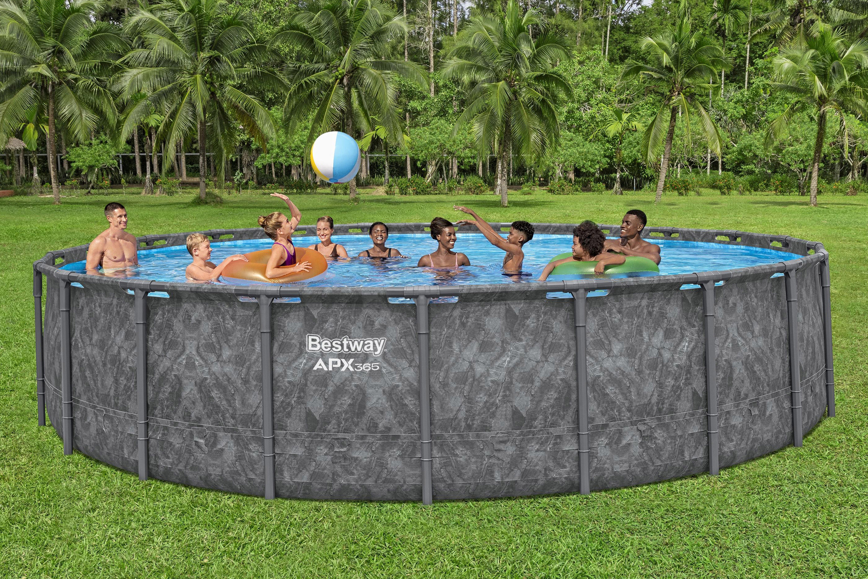 APX365™ Winterfestes Frame Pool Komplett Set mit Sandfilteranlage Ø 671 x 132 cm, Marmor-Optik (Dunkel), rund