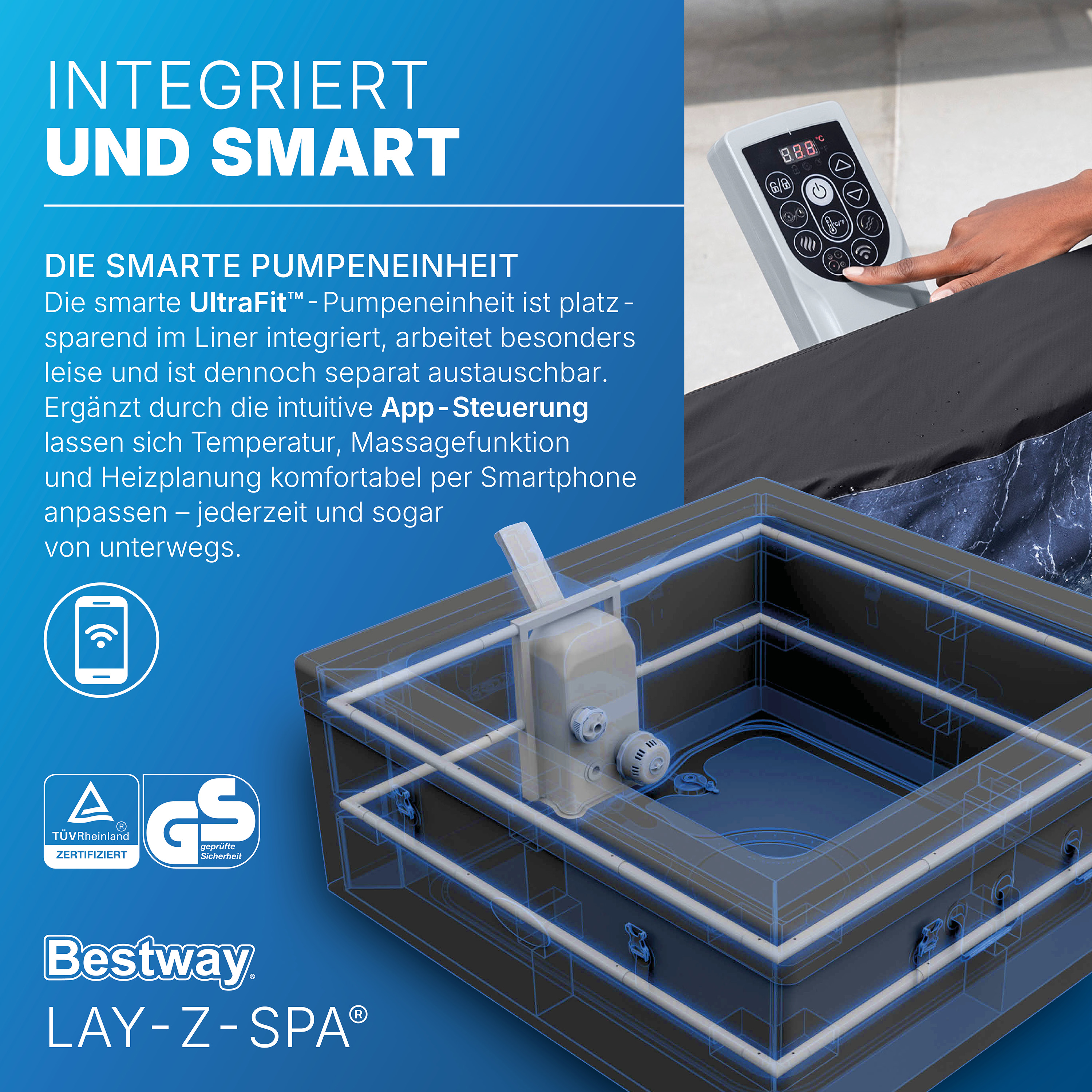 LAY-Z-SPA® ThermaCore™ WLAN-Whirlpool Stockholm AirJet™ mit App-Steuerung, für 6 Personen, 164 x 164 x 65 cm, eckig
