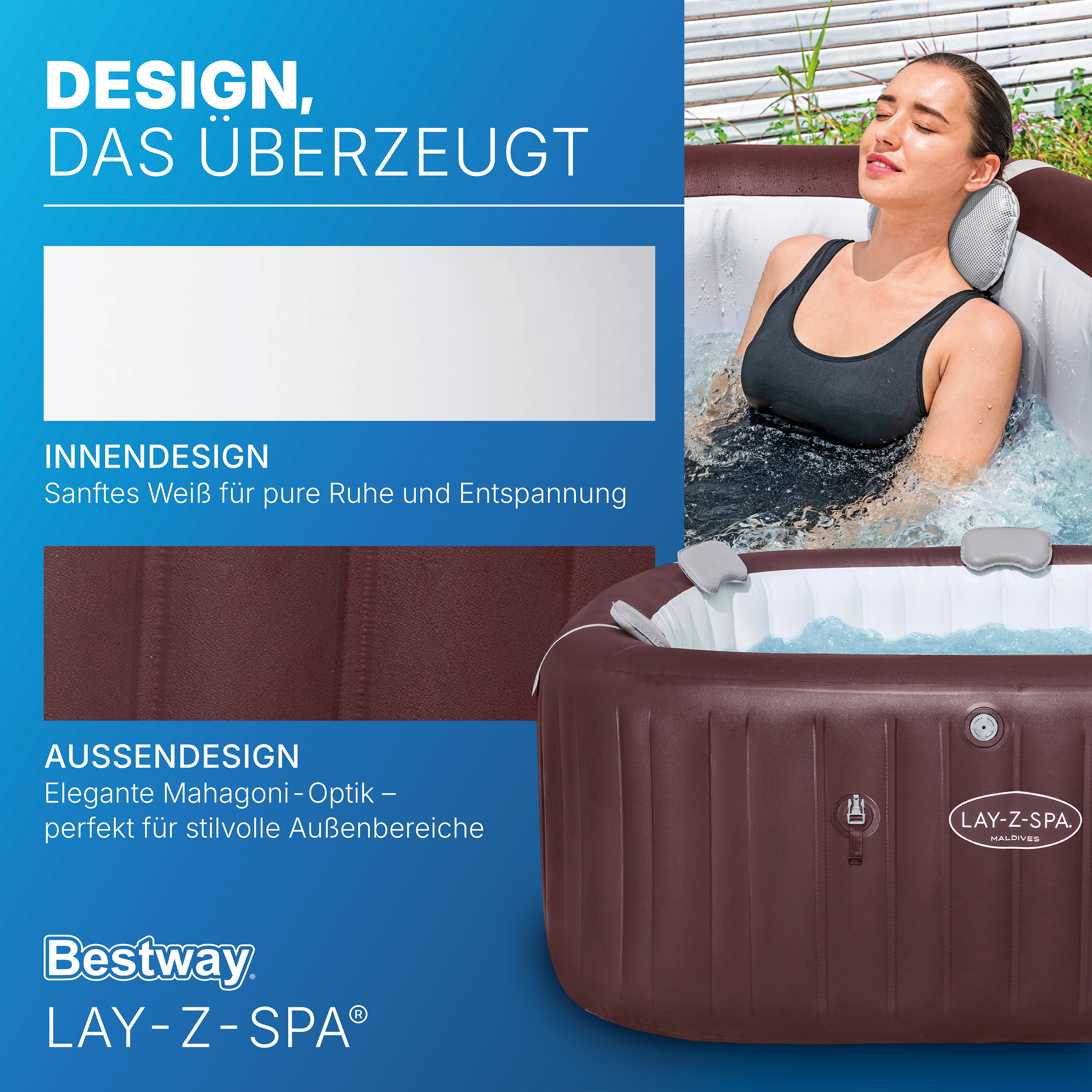 LAY-Z-SPA® WLAN-Whirlpool Maldives HydroJet Pro™ mit App-Steuerung, für 7 Personen 201 x 201 x 80 cm, Mahagoni