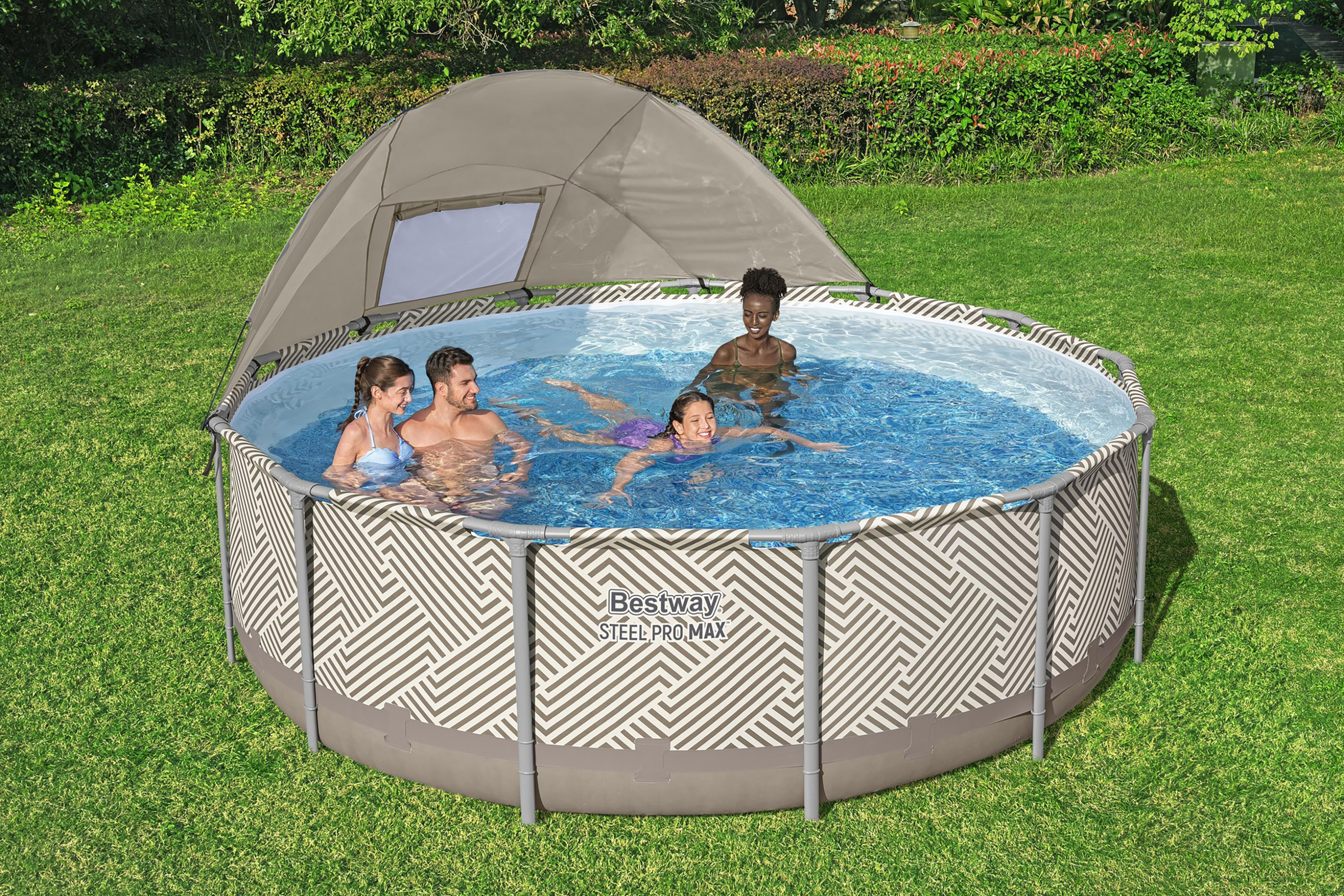 Steel Pro MAX™ Frame Pool Komplett Set mit Filterpumpe Ø 396 x 107 cm, Op Art-Design, rund