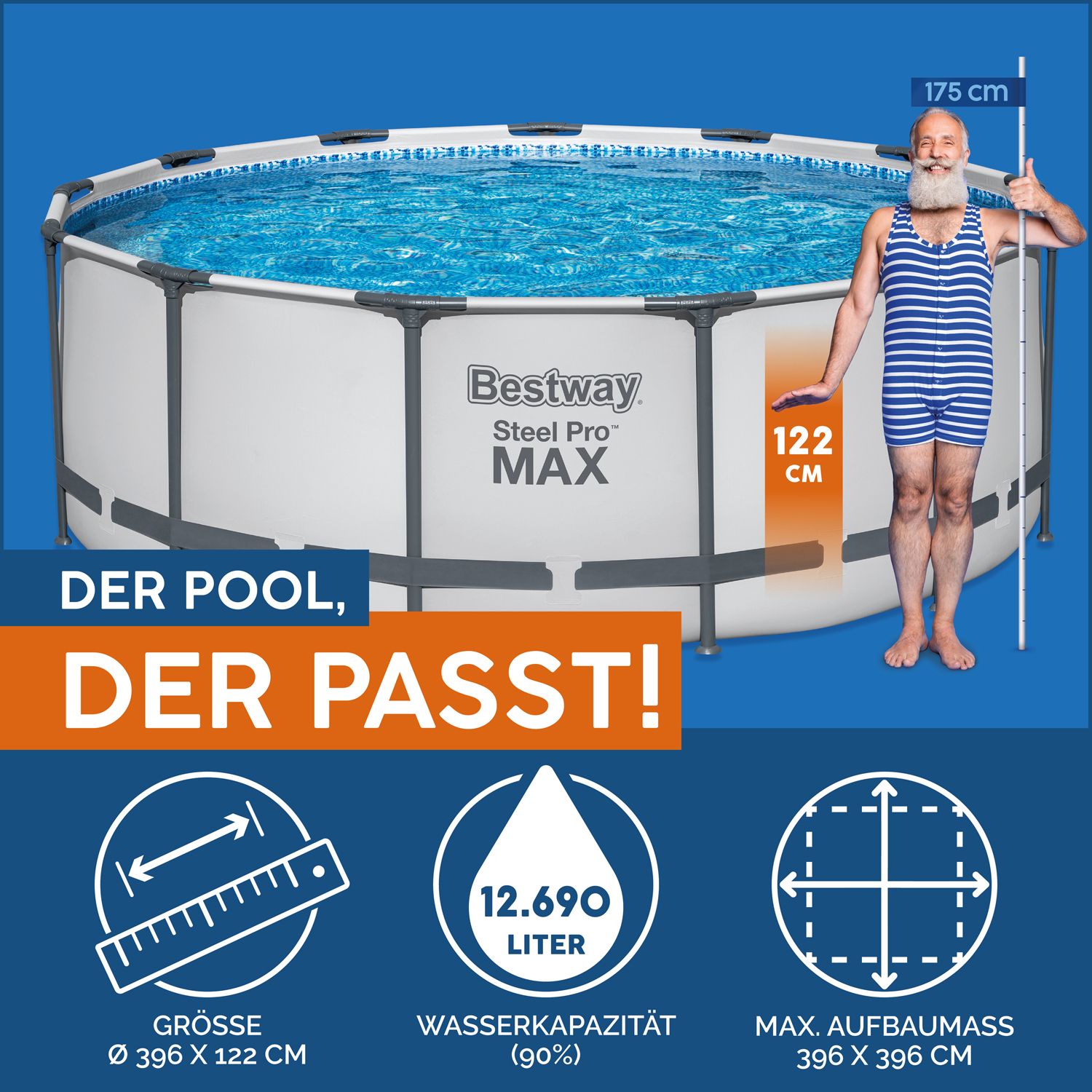 Steel Pro MAX™ Frame Pool Komplett-Set mit Filterpumpe Ø 396 x 122 cm, lichtgrau, rund