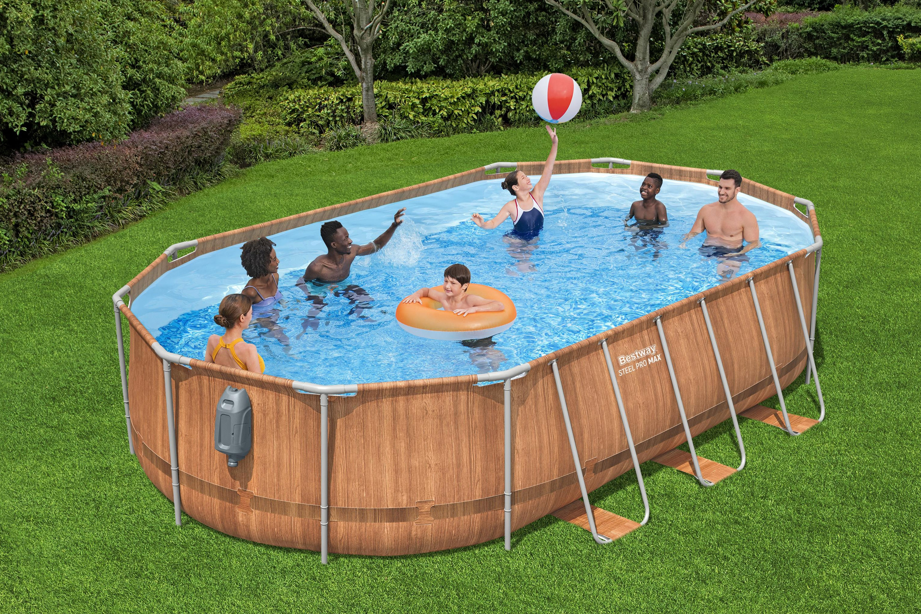 Steel Pro MAX™ Comfort Jet Series™ Frame Pool Set mit Filterpumpe 610 x 366 x 122 cm, Holz-Optik (Pinie), oval