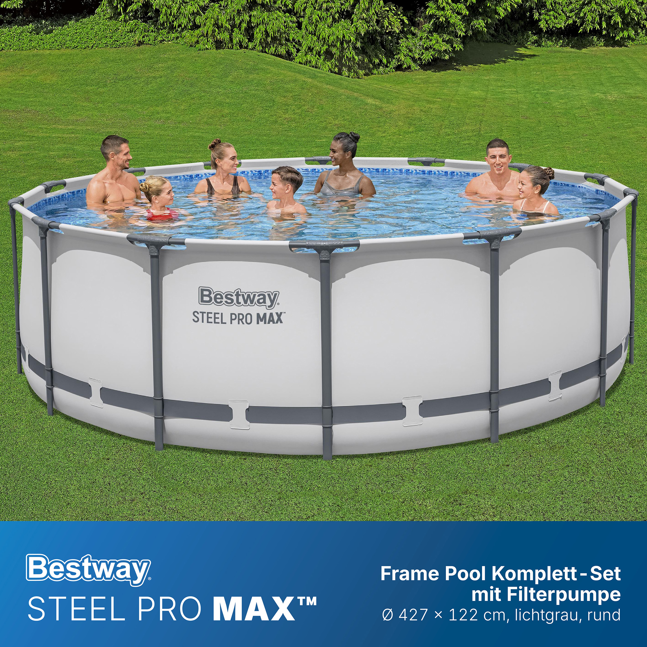 Steel Pro MAX™ Frame Pool Komplett Set mit Filterpumpe Ø 427 x 122 cm, lichtgrau, rund