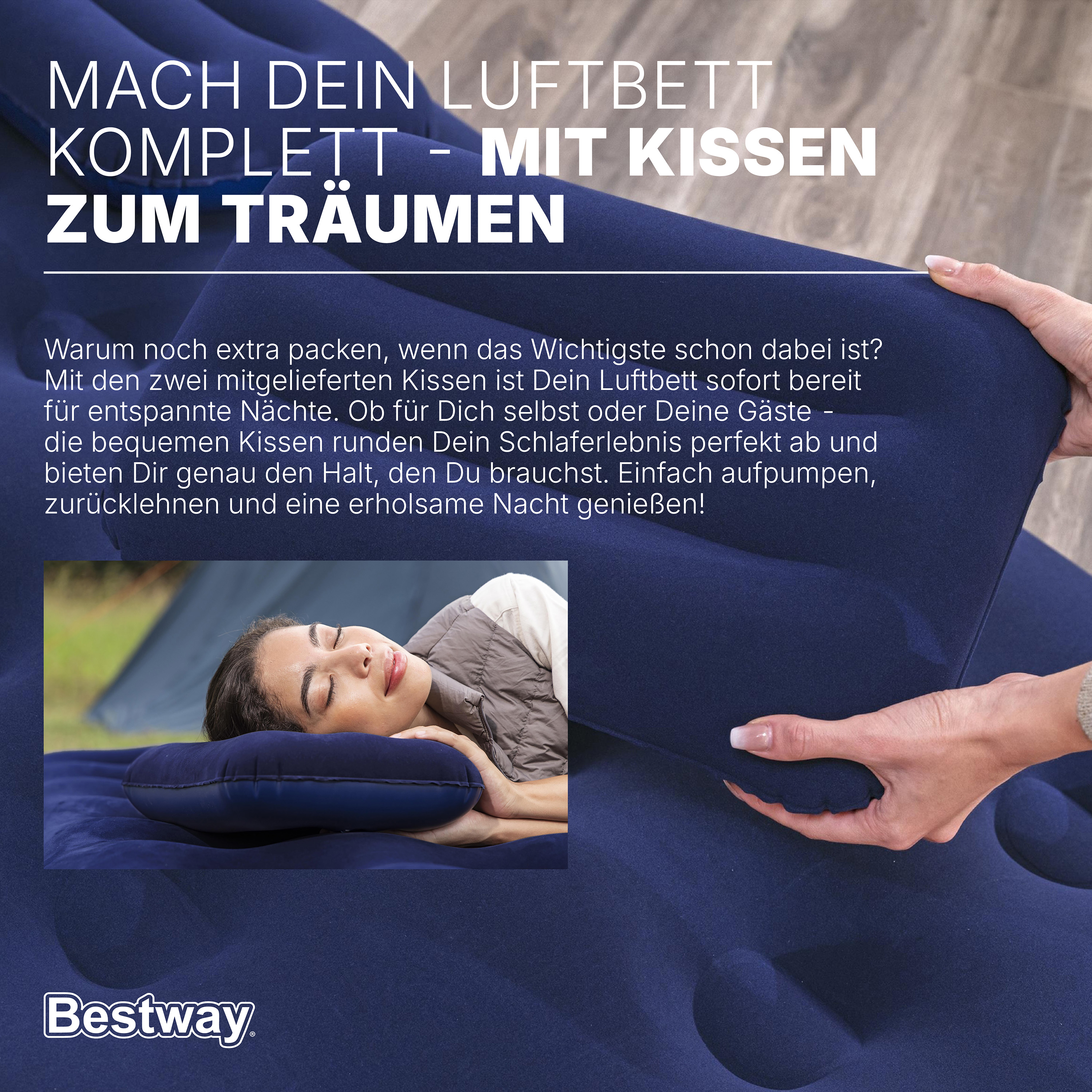Luftbett für 2 Personen mit Handpumpe & 2 Kopfkissen 203 x 152 x 22 cm