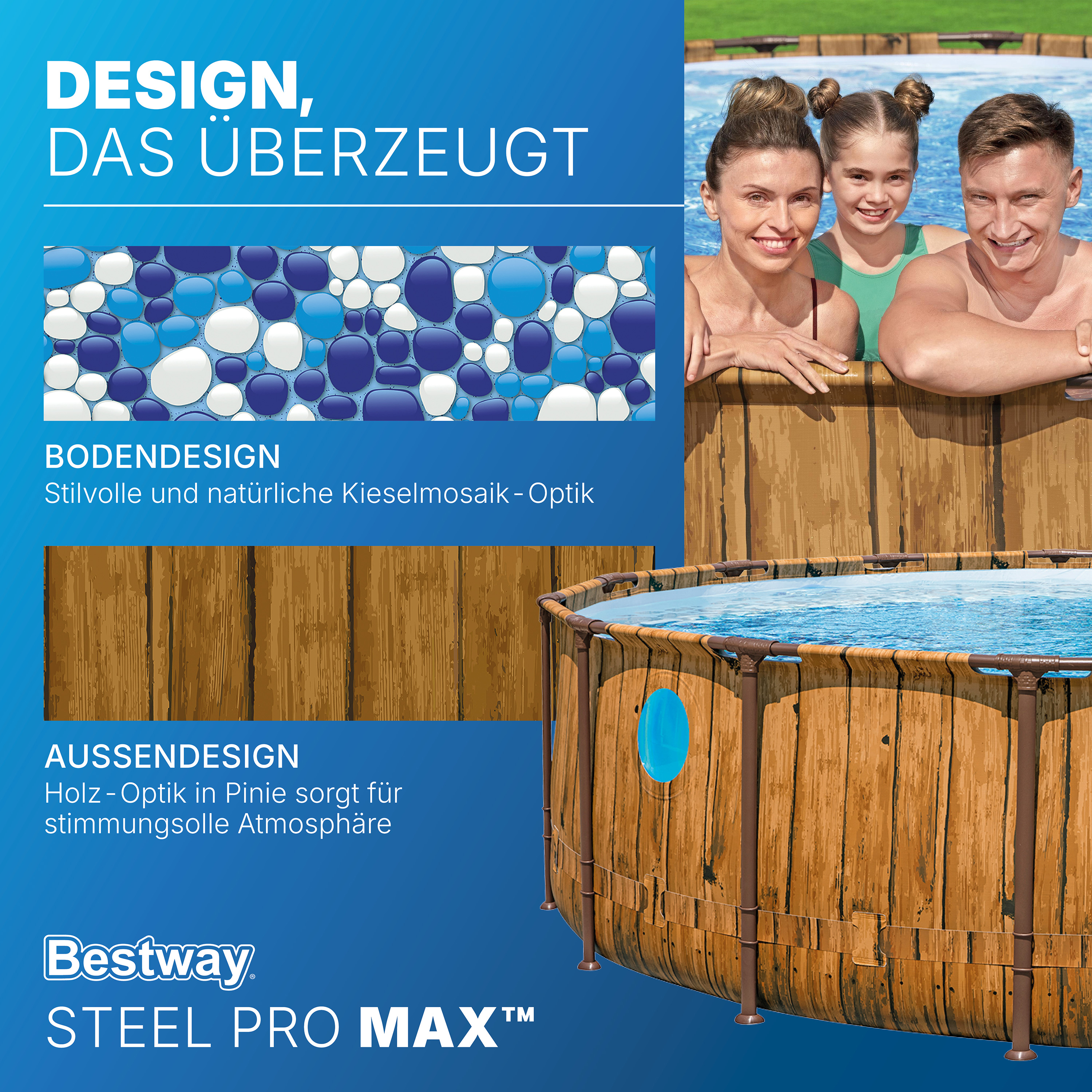 Steel Pro MAX™ Splashview™ Frame Pool Komplett Set mit Filterpumpe Ø 488 x 122 cm, Holz-Optik (Pinie), rund