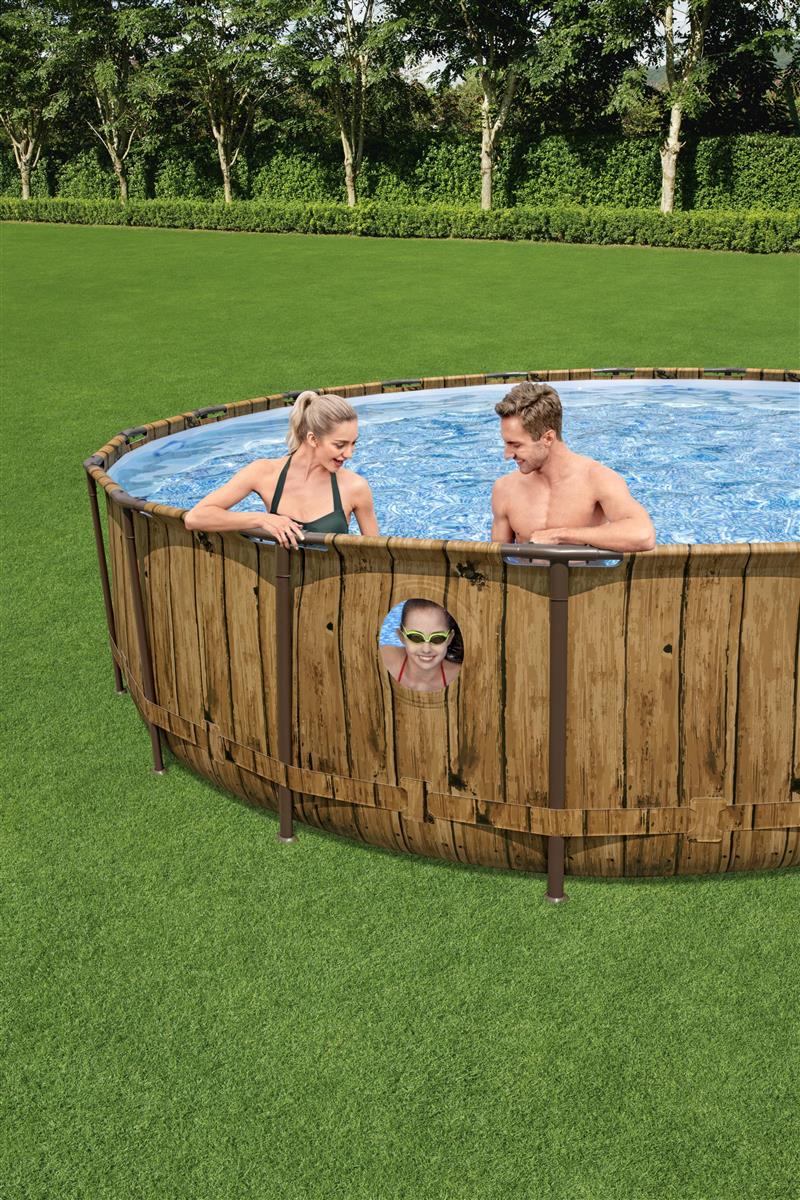 Power Steel™ Swim Vista Series™ Frame Pool Komplett-Set mit Filterpumpe Ø 549 x 122 cm, Holz-Optik (Pinie), rund
