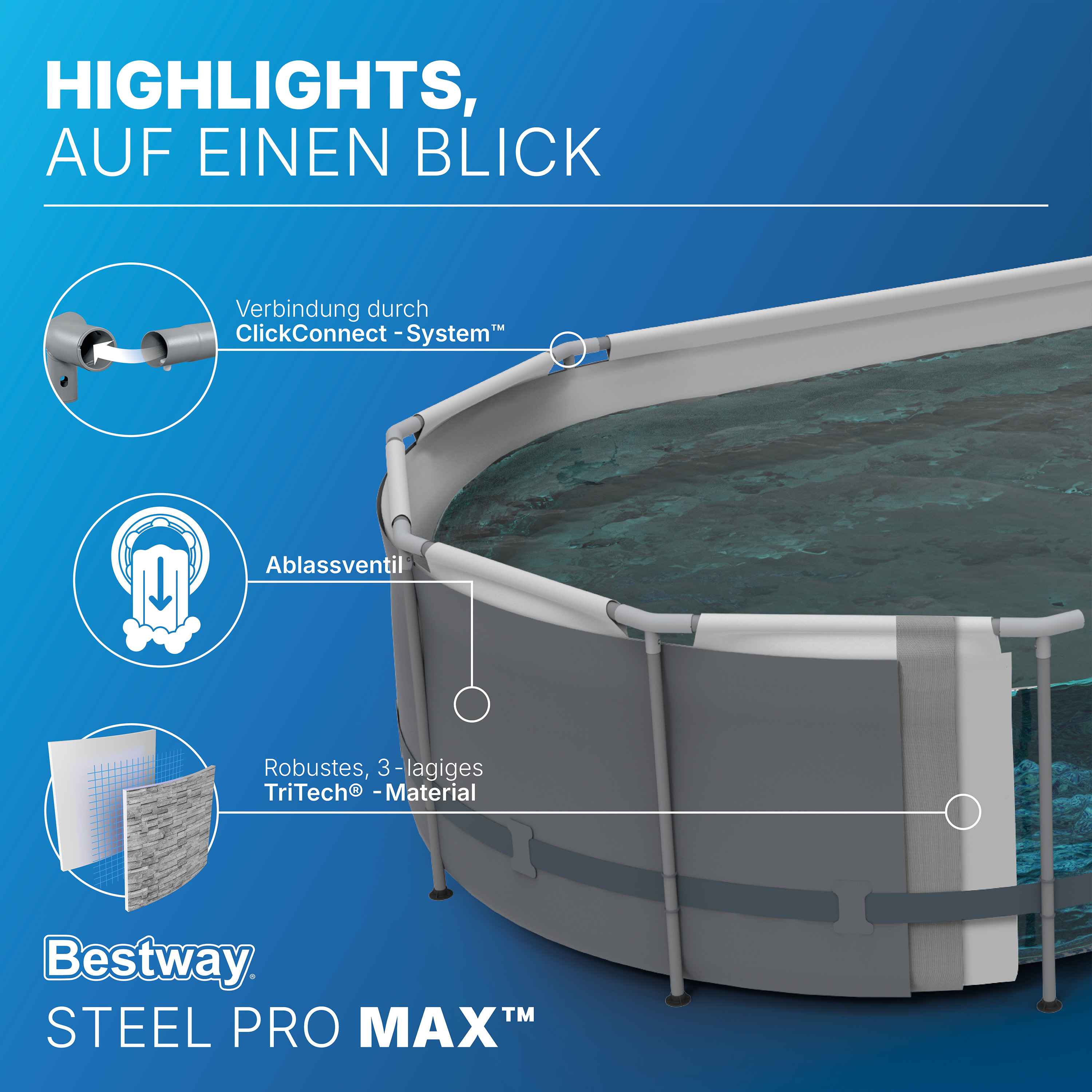 Steel Pro MAX™ Splashview™ Frame Pool Komplett Set mit Filterpumpe 427 x 250 x 100 cm, Steinwand-Optik (Cremegrau), oval