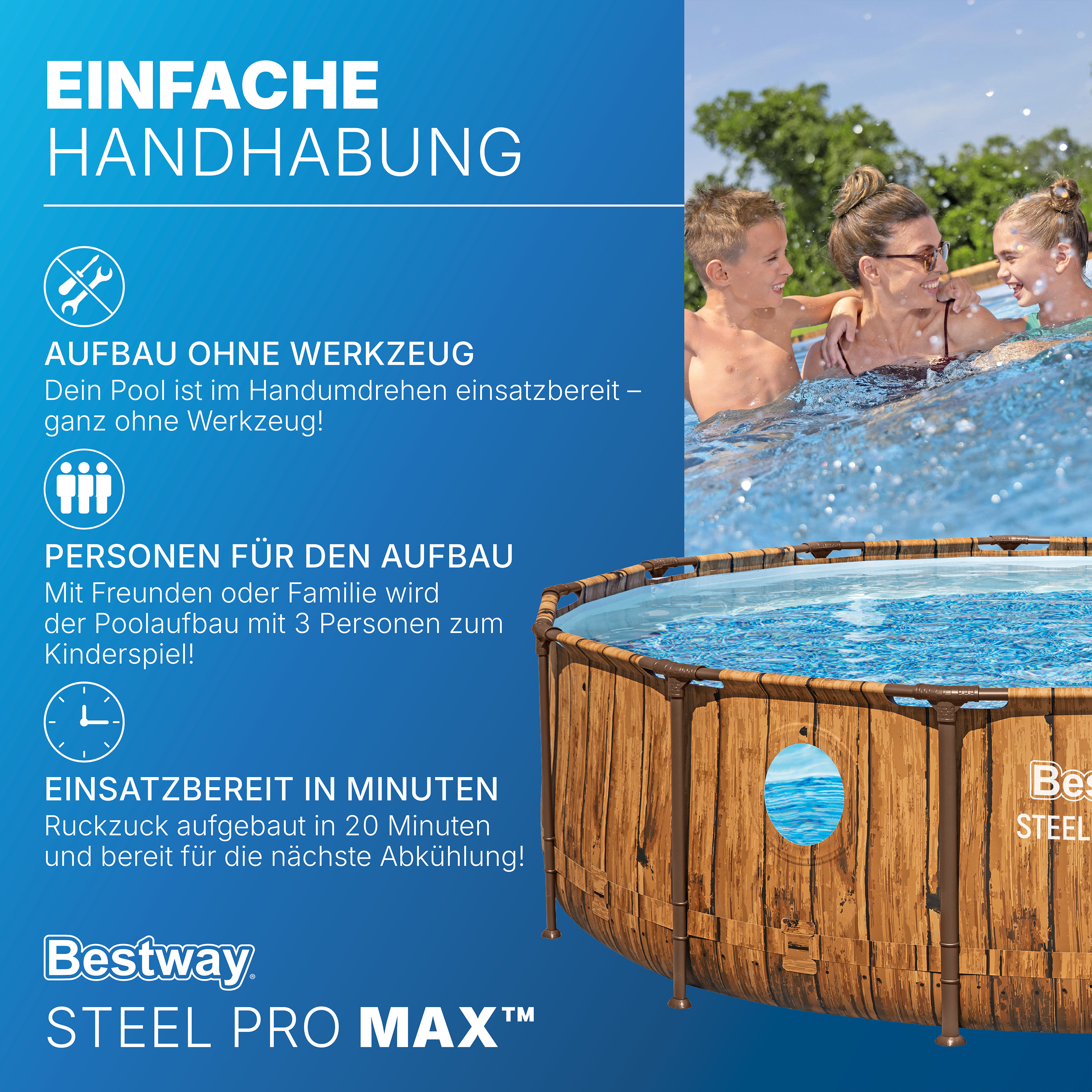 Steel Pro MAX™ Splashview™ Frame Pool Komplett Set mit Filterpumpe Ø 427 x 107 cm, Holz-Optik (Pinie), rund