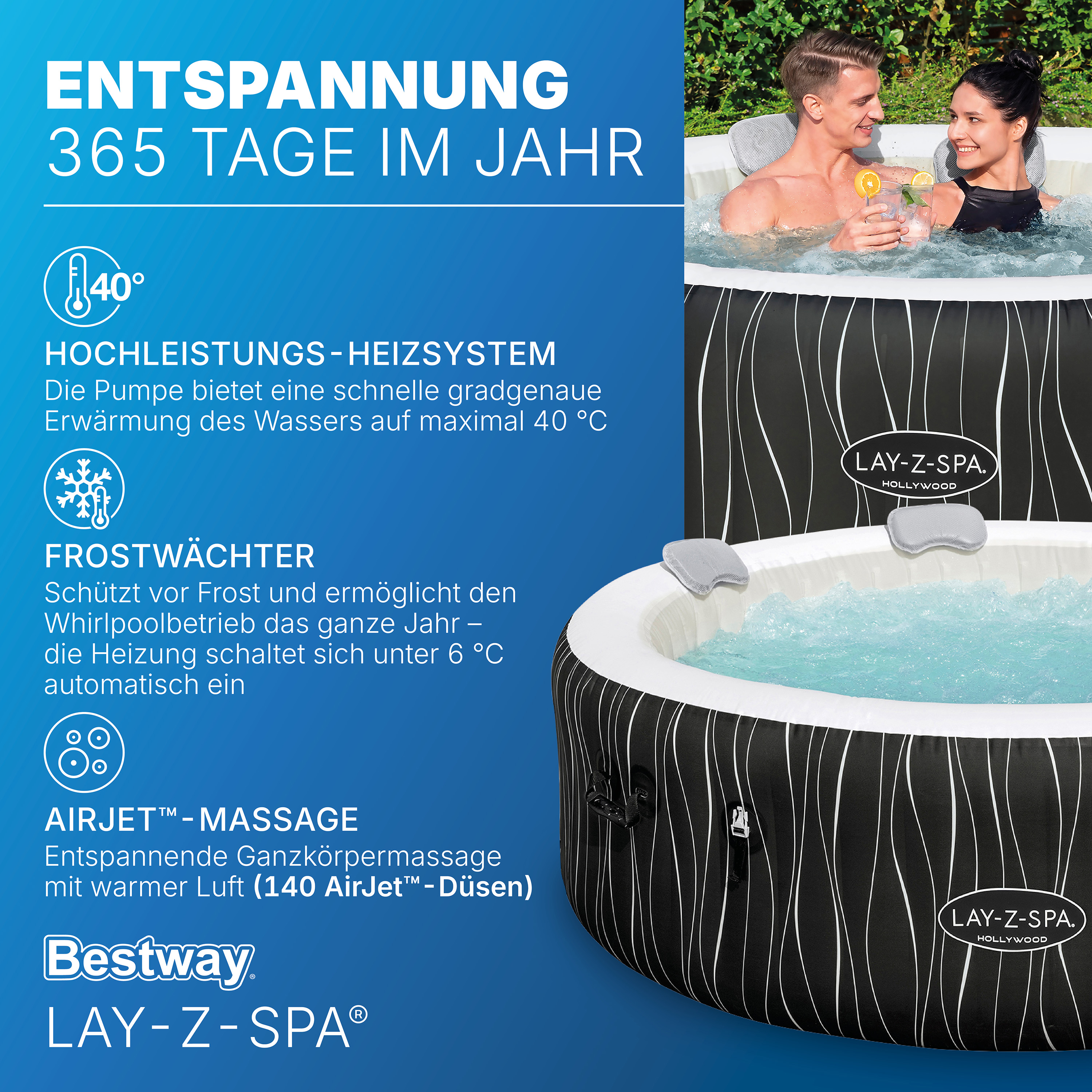 LAY-Z-SPA® LED Whirlpool Hollywood AirJet™ Ø 196 x 66 cm, rund