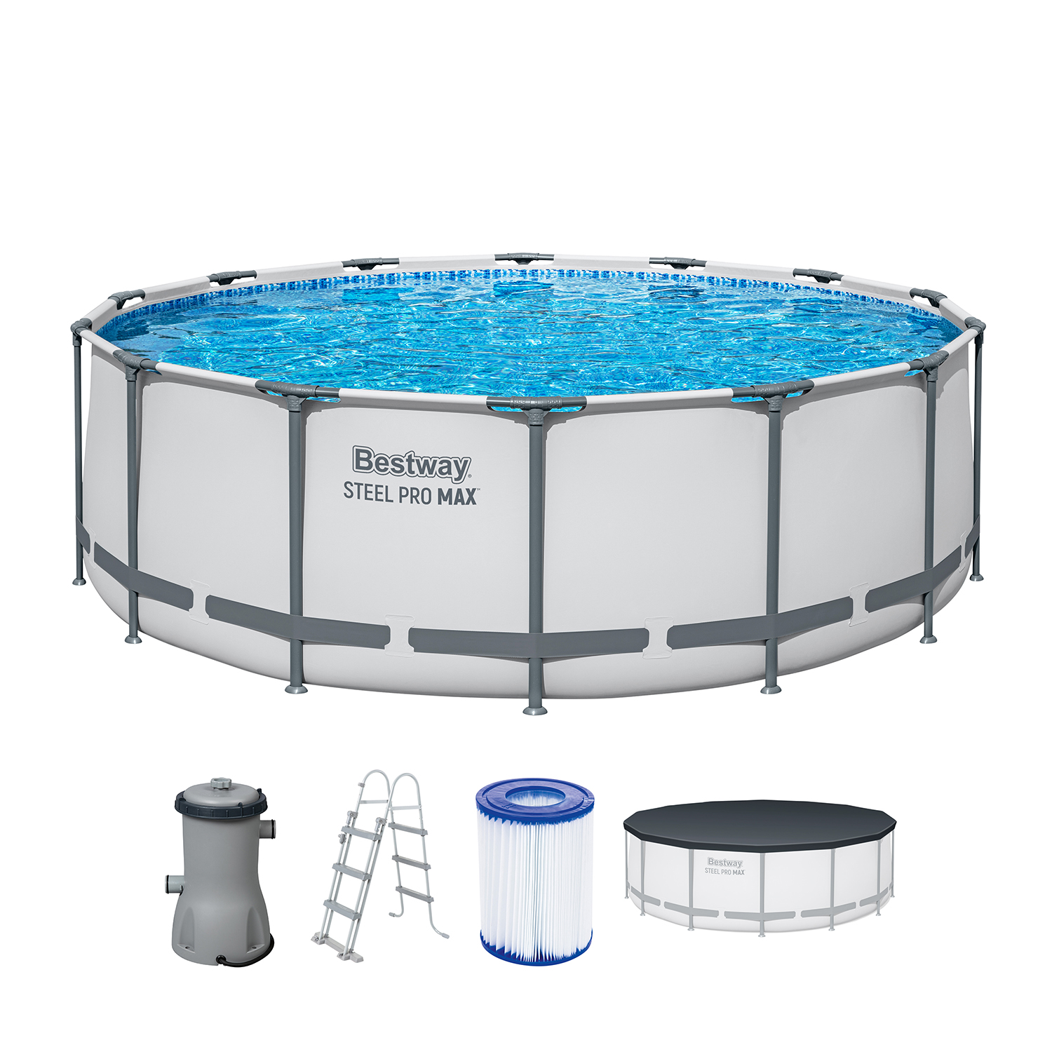 Steel Pro MAX™ Frame Pool Komplett Set mit Filterpumpe Ø 457 x 107 cm, lichtgrau, rund Steel Pro MAX™ Frame Pool Komplett Set mit Filterpumpe Ø 457 x 107 cm, lichtgrau, rund
