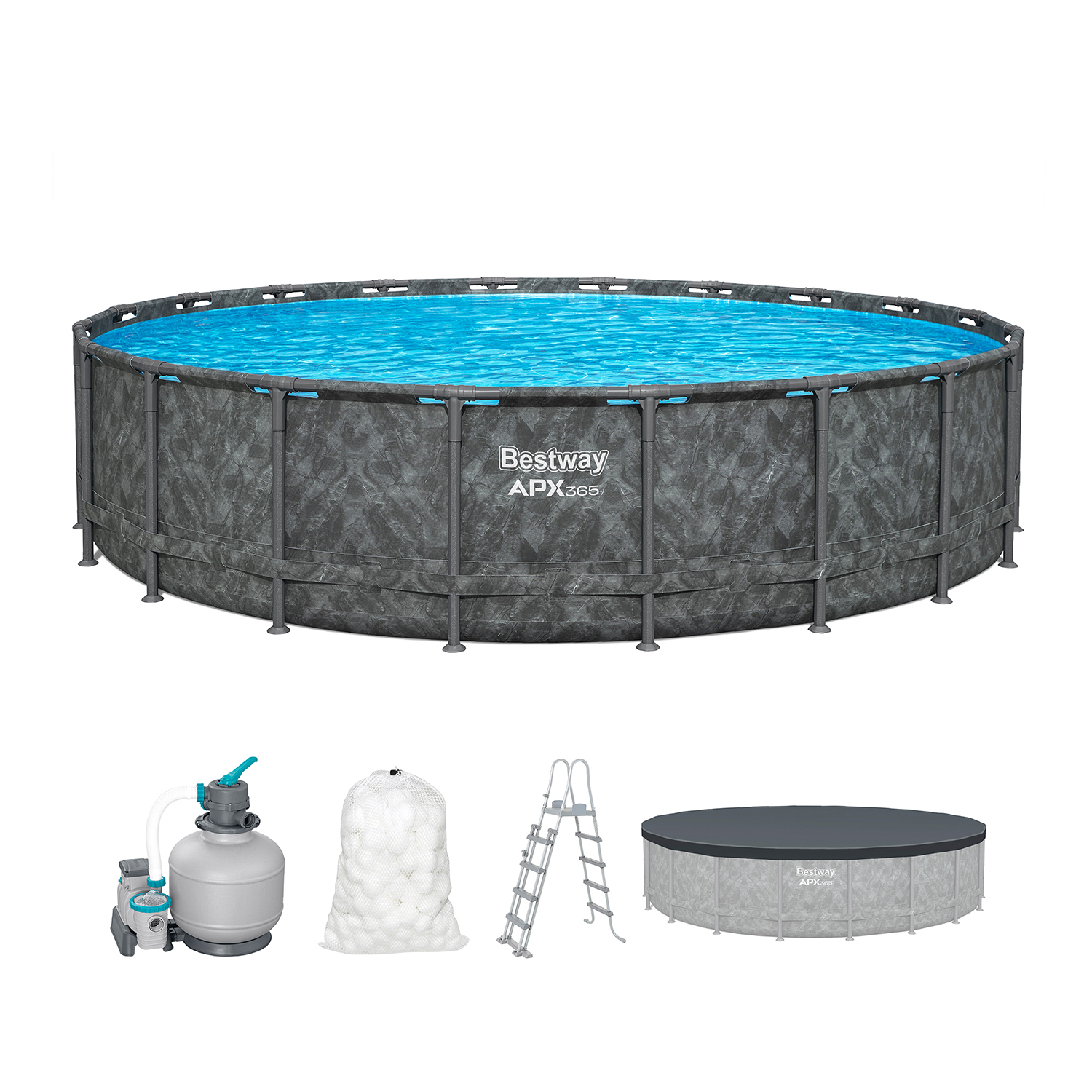 APX365™ Winterfestes Frame Pool Komplett-Set mit Sandfilteranlage Ø 610 x 132 cm, Marmor-Optik (Dunkel), rund
