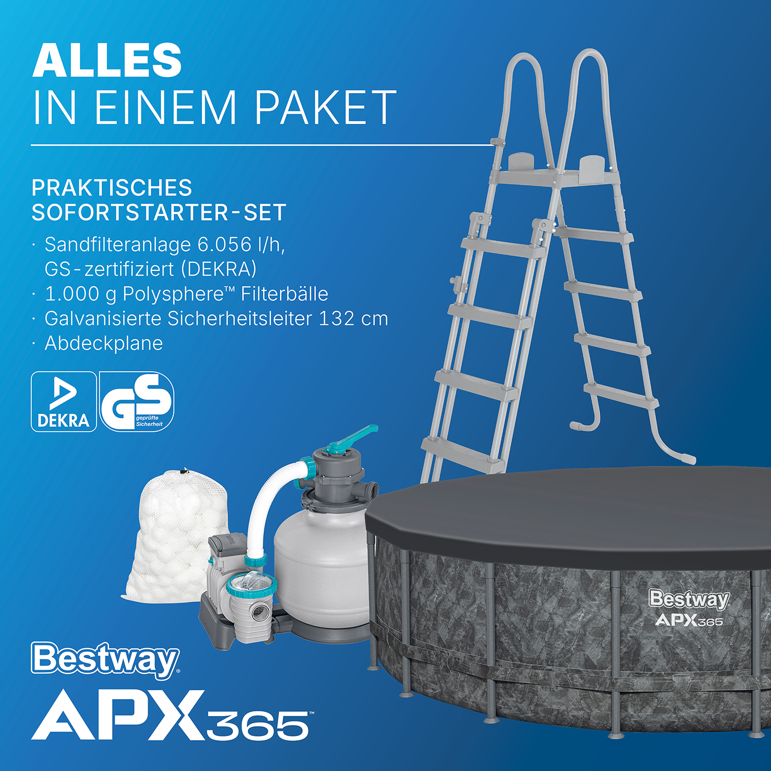 APX365™ Winterfestes Frame Pool Komplett-Set mit Sandfilteranlage Ø 549 x 132 cm, Marmor-Optik (Dunkel), rund