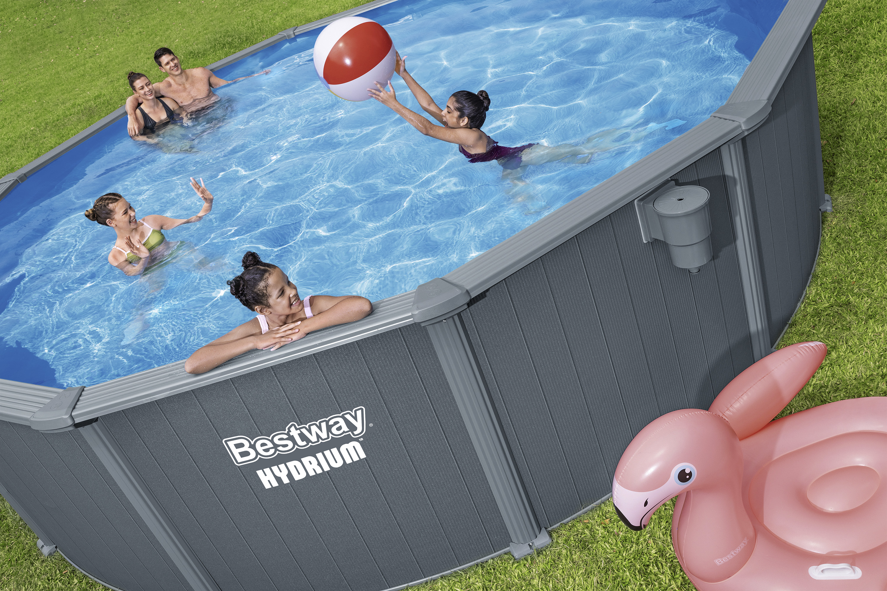 Hydrium™ Stahlwandpool Komplett Set mit Sandfilteranlage Ø 549 x 132 cm, Holz Optik (Grau), rund