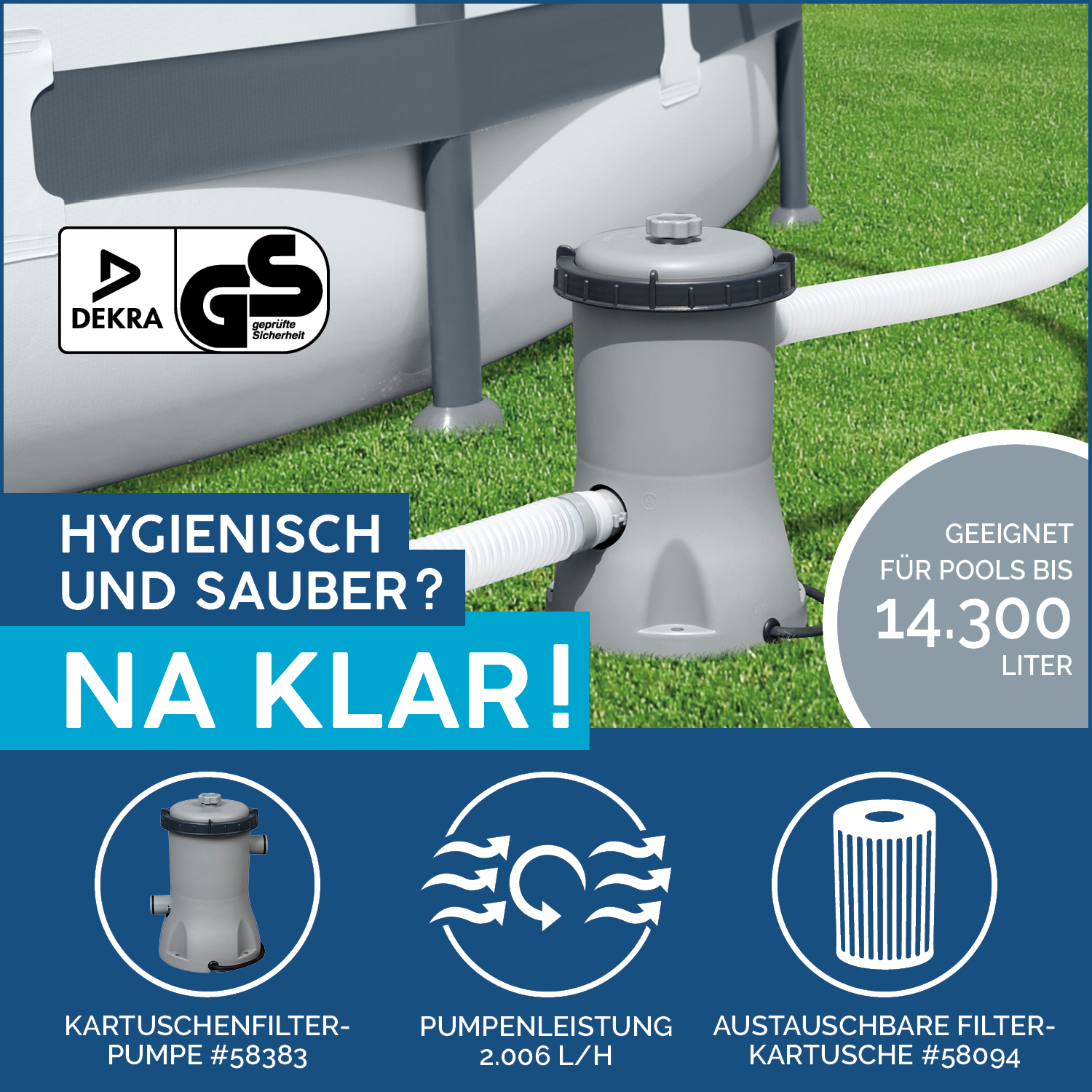 Power Steel™ Frame Pool Set mit Filterpumpe 412 x 201 x 122 cm, grau, eckig