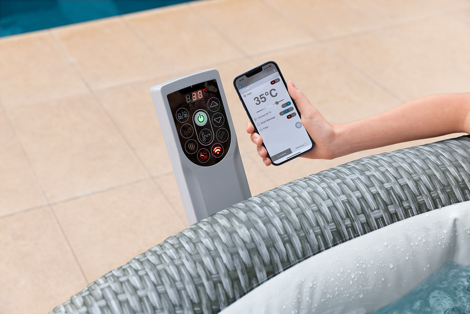 LAY-Z-SPA® Energiespar-Whirlpool Bali AirJet™ mit App-Steuerung, Ø 196 x 71 cm, für 6 Personen, Rattan-Optik (Lichtgrau)