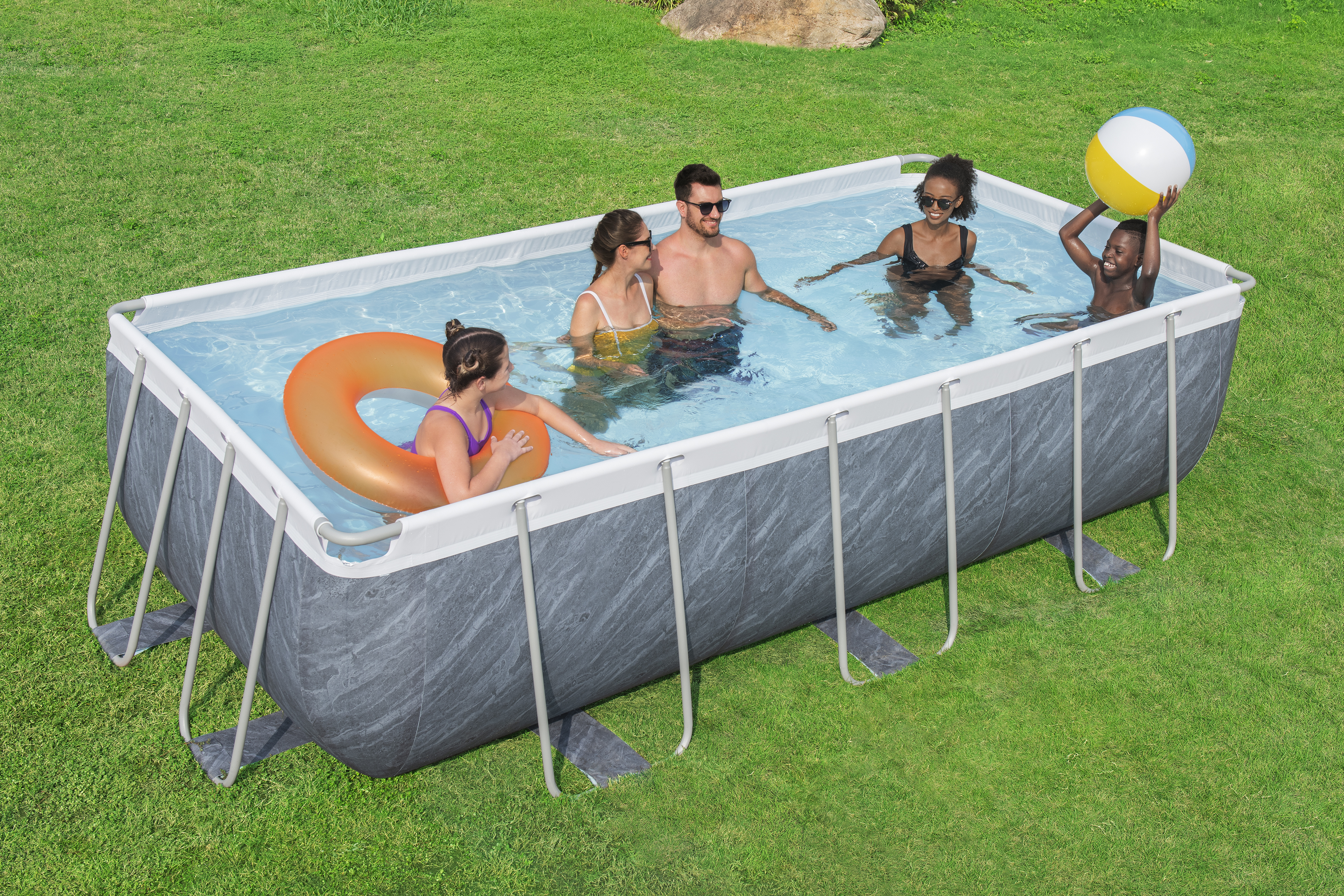 Power Steel™ Solo Pool ohne Zubehör 404 x 201 x 100 cm, Marmor-Optik (Schiefergrau), eckig