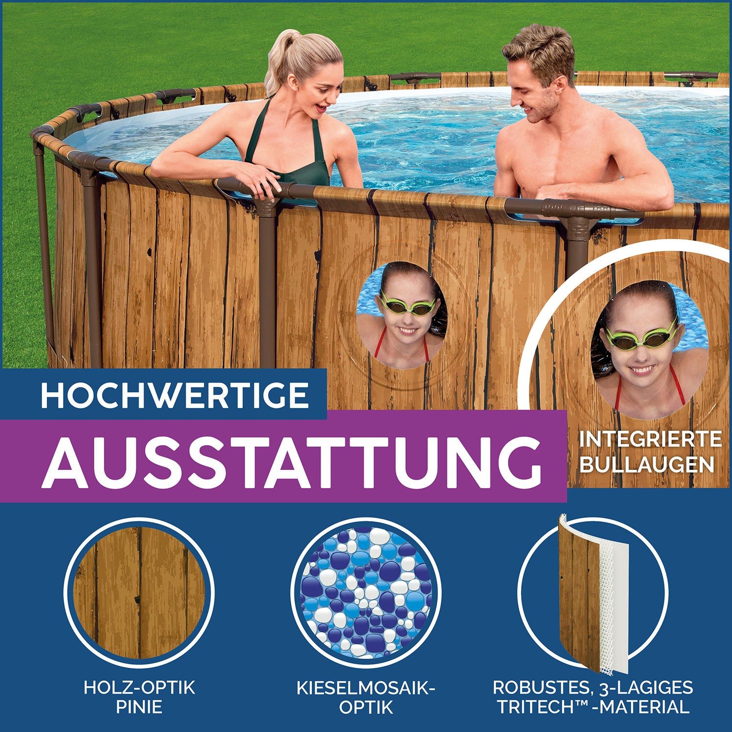 Steel Pro MAX™ Splashview™ Frame Pool Komplett-Set mit Filterpumpe Ø 488 x 122 cm, Holz-Optik (Pinie), rund