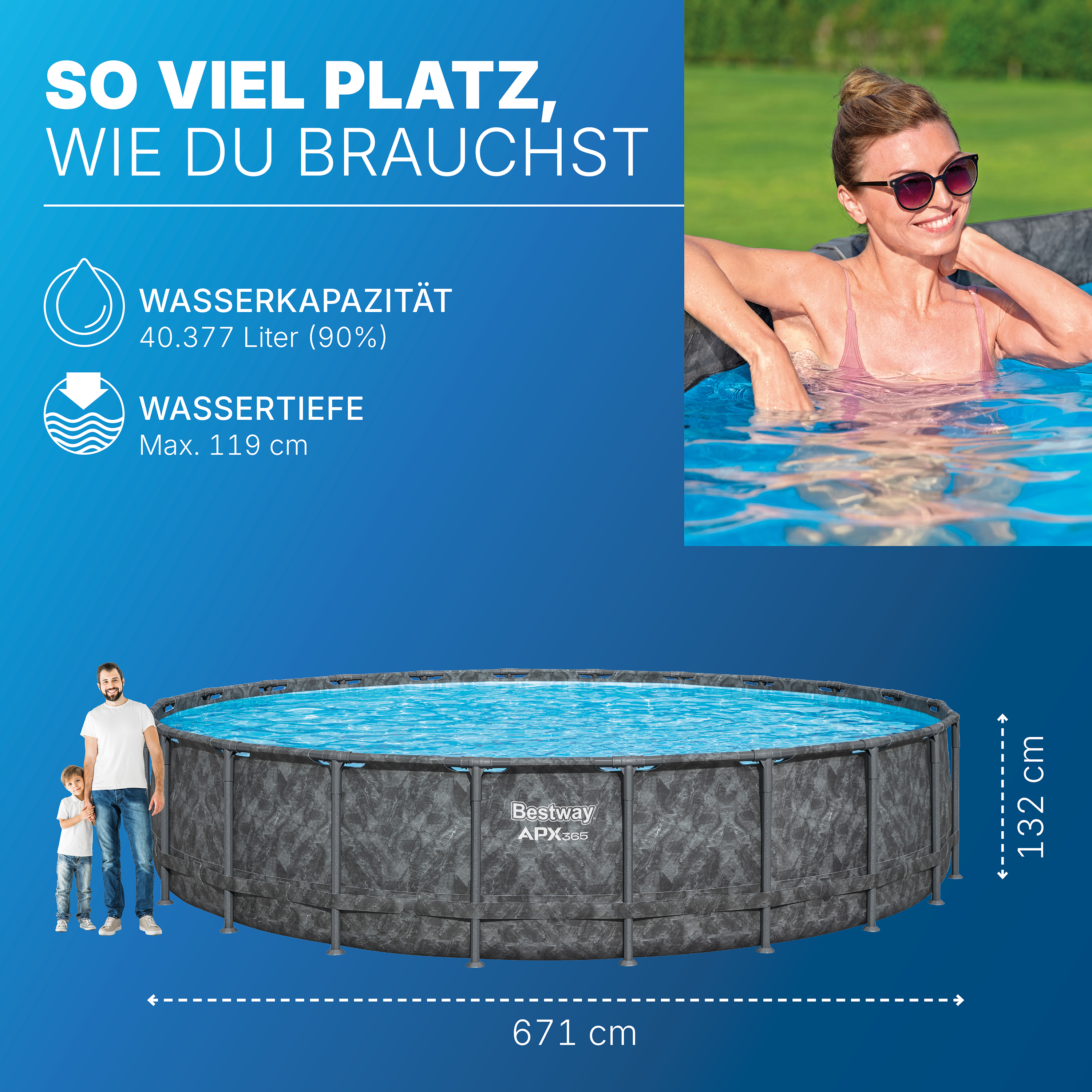 APX365™ Winterfester Solo Pool ohne Zubehör Ø 671 x 132 cm, Marmor-Optik (Dunkel), rund APX365™ Winterfester Solo Pool ohne Zubehör Ø 671 x 132 cm, Marmor-Optik (Dunkel), rund