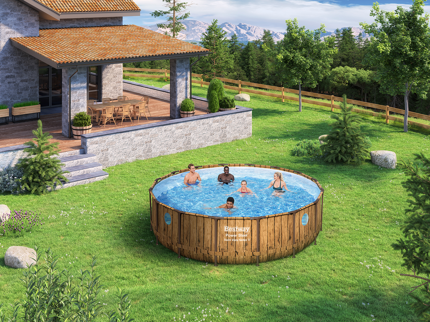 Power Steel™ Swim Vista Series™ Solo Pool ohne Zubehör  Ø 488 x 122 cm, Holz-Optik (Pinie), rund