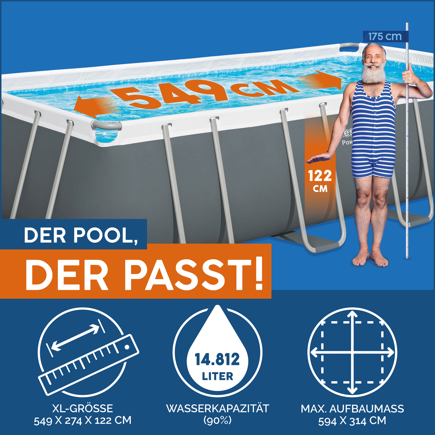 Power Steel™ Frame Pool Komplett-Set mit Sandfilteranlage 549 x 274 x 122 cm, grau, eckig