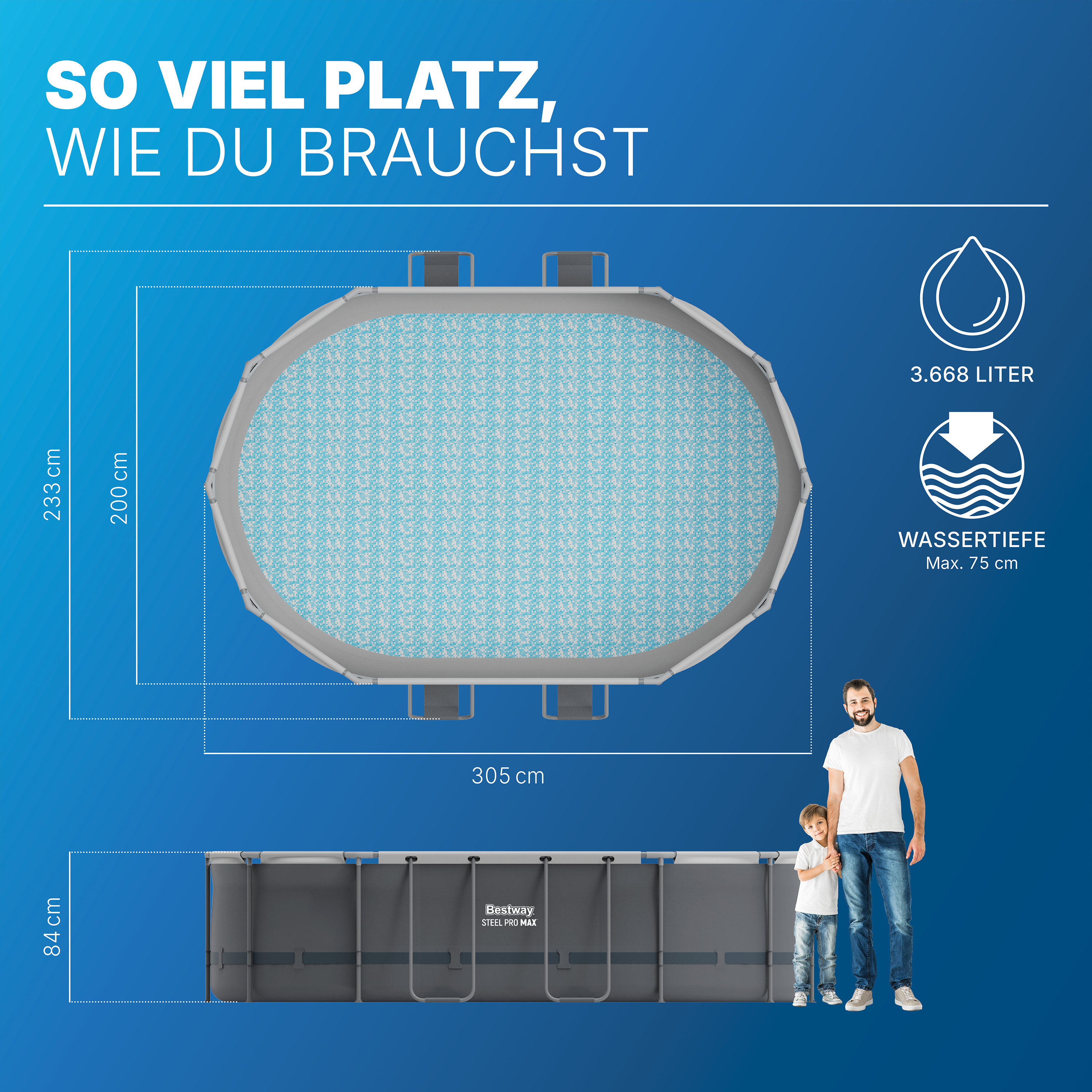 Steel Pro MAX™ Frame Pool Set mit Filterpumpe 305 x 200 x 84 cm, grau, oval