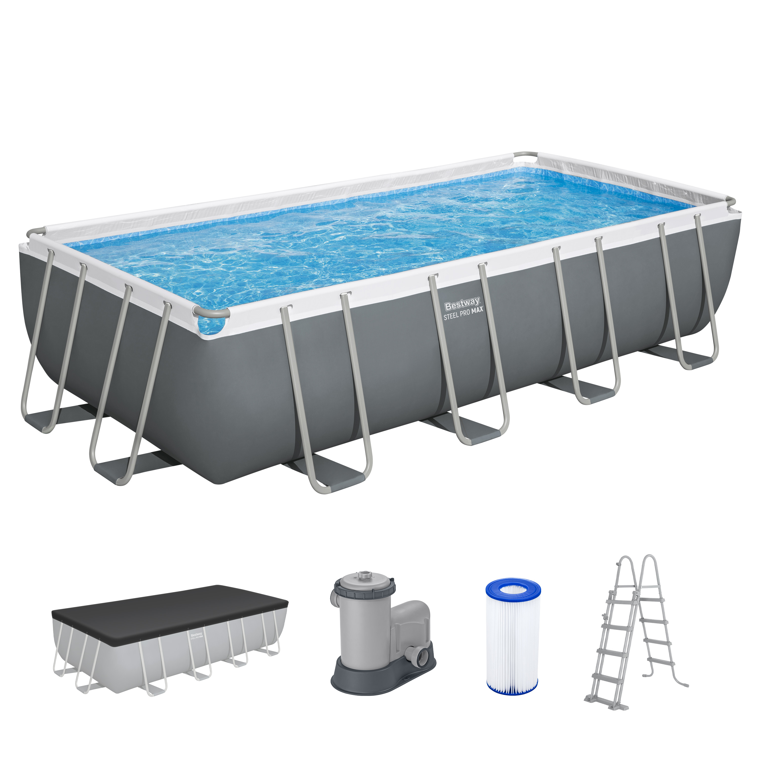 Steel  Pro MAX™ Frame Pool Komplett Set mit Filterpumpe 549 x 274 x 122 cm, grau, eckig