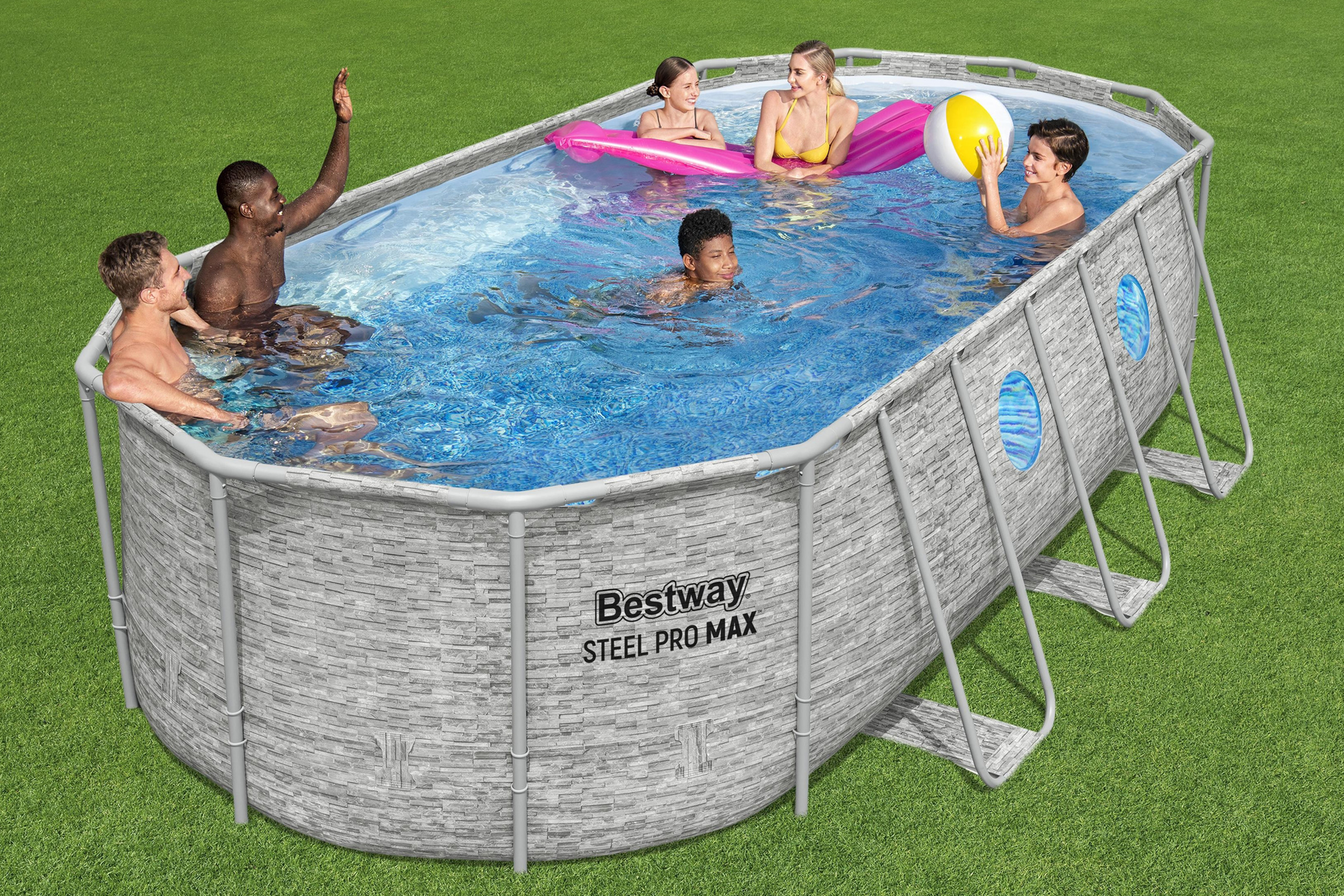 Steel Pro MAX™ Splashview™ Frame Pool Komplett Set mit Filterpumpe 549 x 274 x 122 cm, Steinwand-Optik (Cremegrau), oval