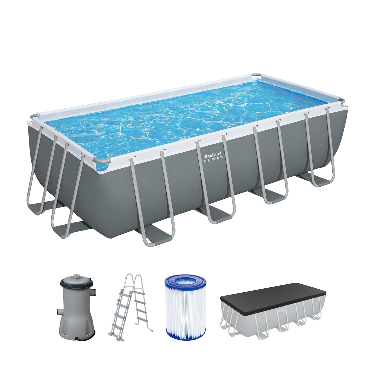 Steel Pro MAX™ Frame Pool Komplett-Set mit Filterpumpe 488 x 244 x 122 cm, grau, eckig