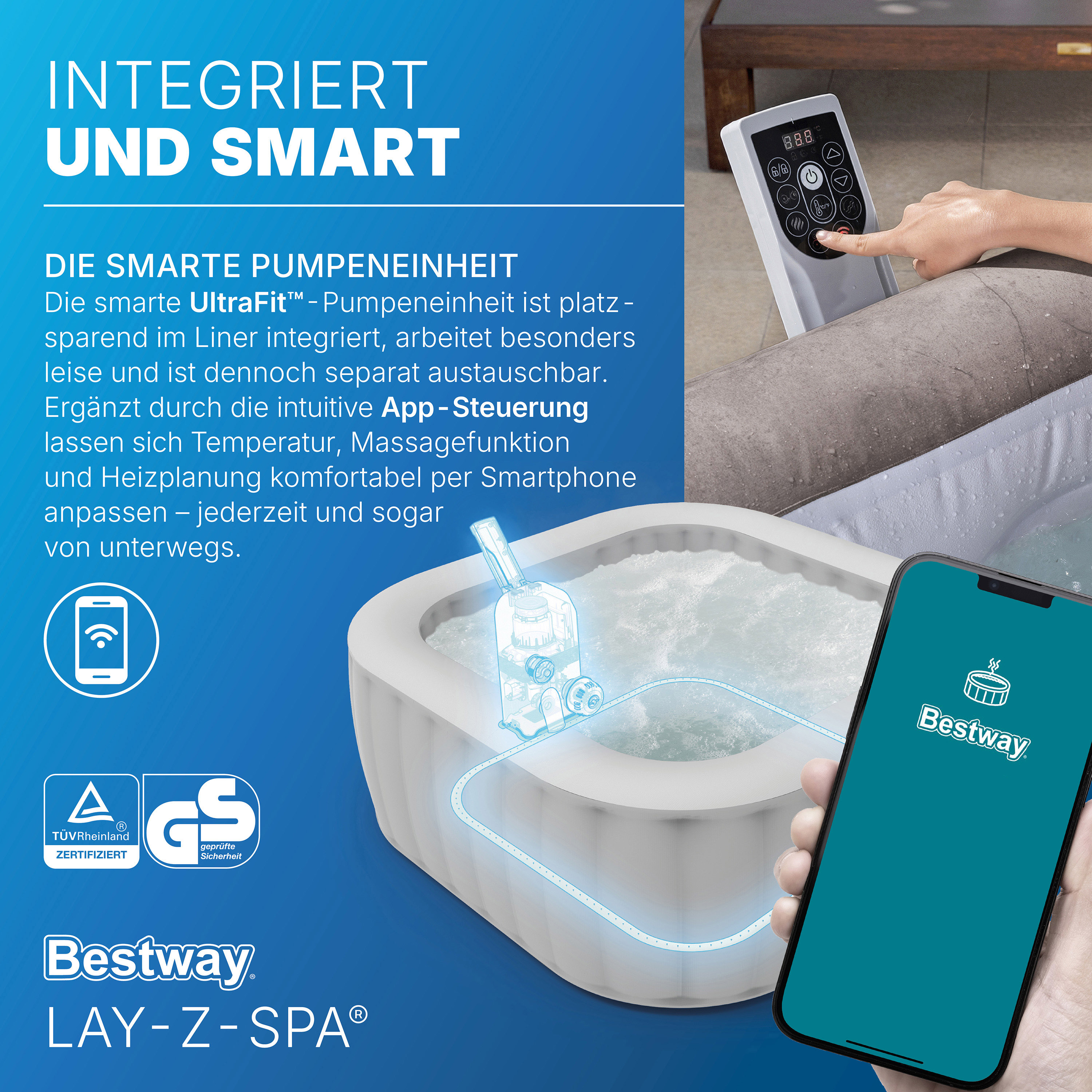 LAY-Z-SPA® WLAN-Whirlpool Rome AirJet™ mit App-Steuerung, für 6 Personen, 180 x 180 x 71 cm, Marmor-Optik (Braun)