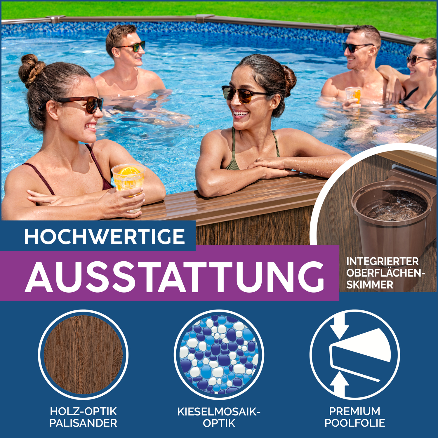 Hydrium™ Stahlwandpool Komplett-Set mit Sandfilteranlage Ø 490 x 130 cm, Holz-Optik (Palisander), rund