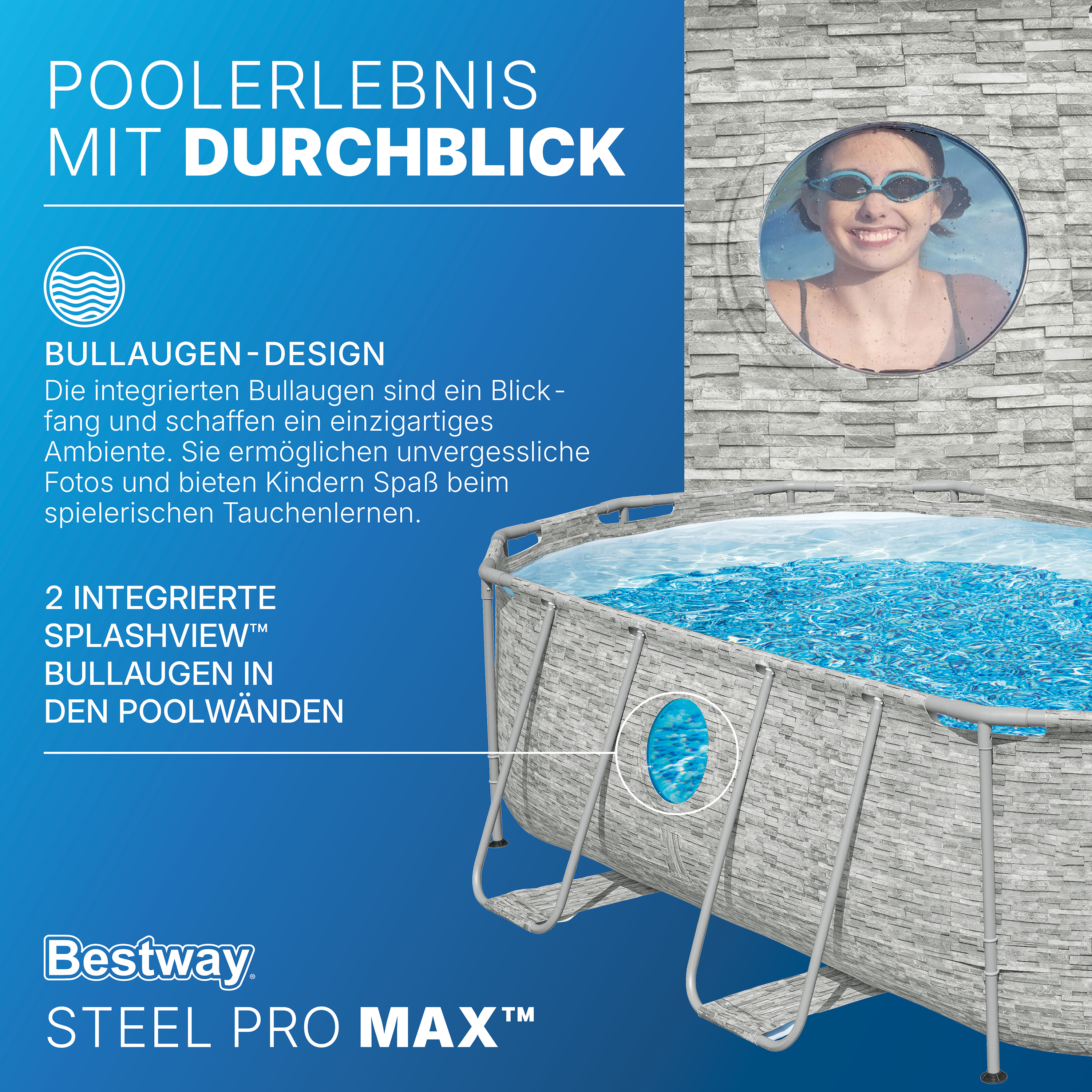 Steel Pro MAX™ Splashview™ Frame Pool Komplett Set mit Filterpumpe 427 x 250 x 100 cm, Steinwand-Optik (Cremegrau), oval