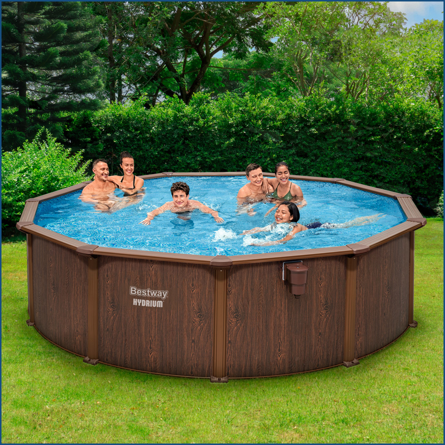 Hydrium™ Stahlwandpool Komplett-Set mit Sandfilteranlage Ø 490 x 130 cm, Holz-Optik (Palisander), rund