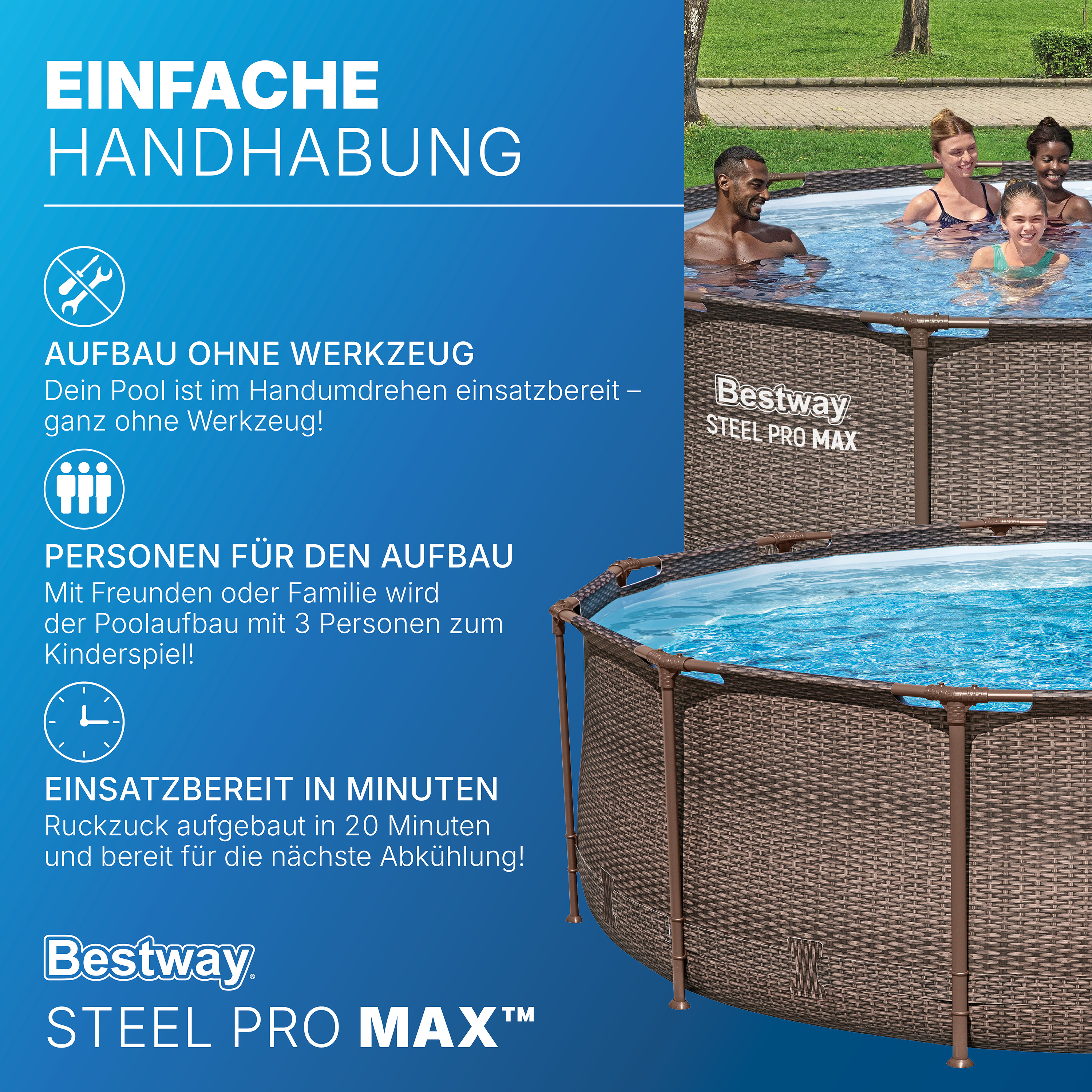 Steel Pro MAX™ Frame Pool Set mit Filterpumpe Ø 366 x 100 cm, Rattan-Optik (Schokobraun), rund